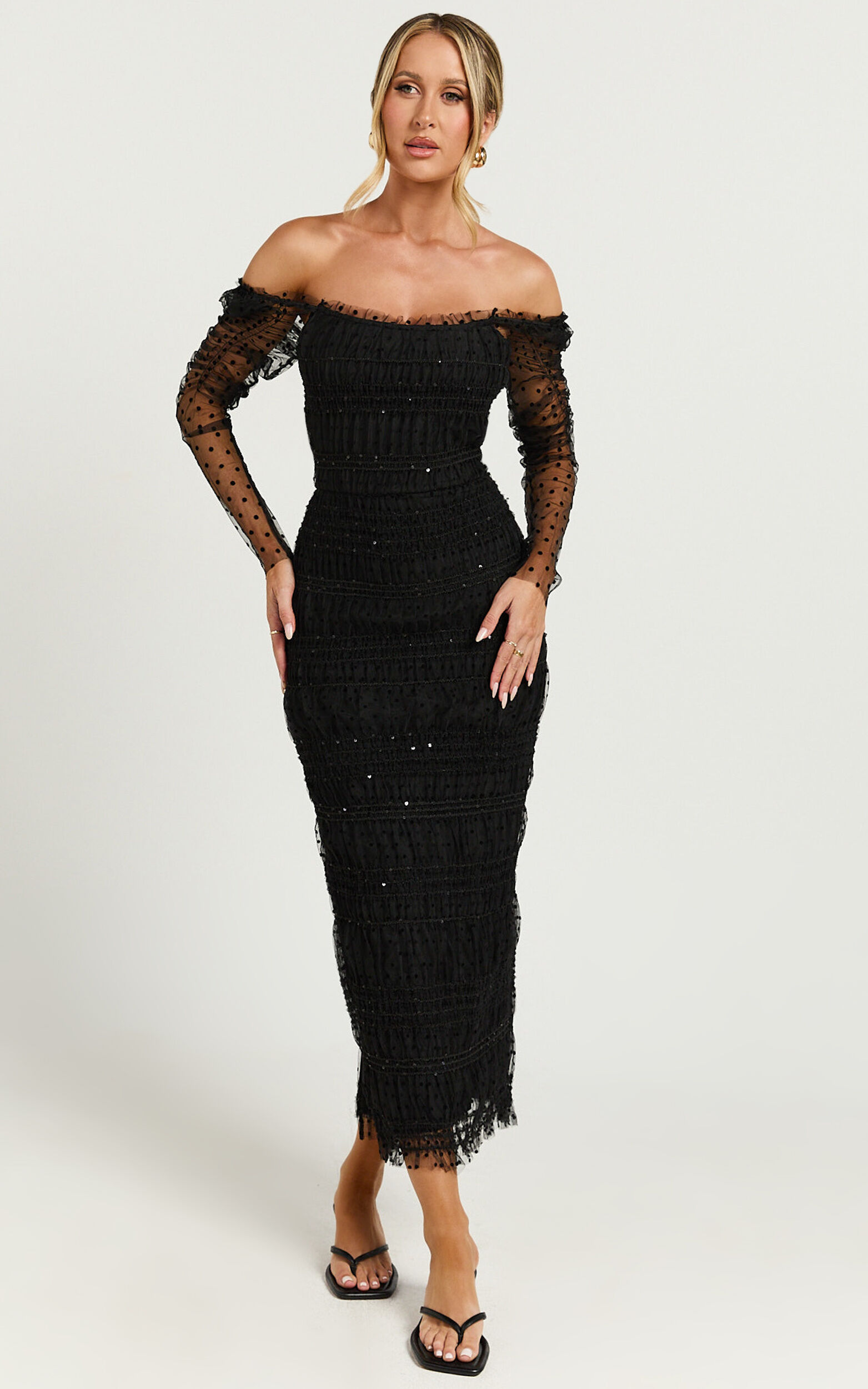 Evelyn Midi Dress - Long Sleeve Shirred Tulle Dress in Black Polka