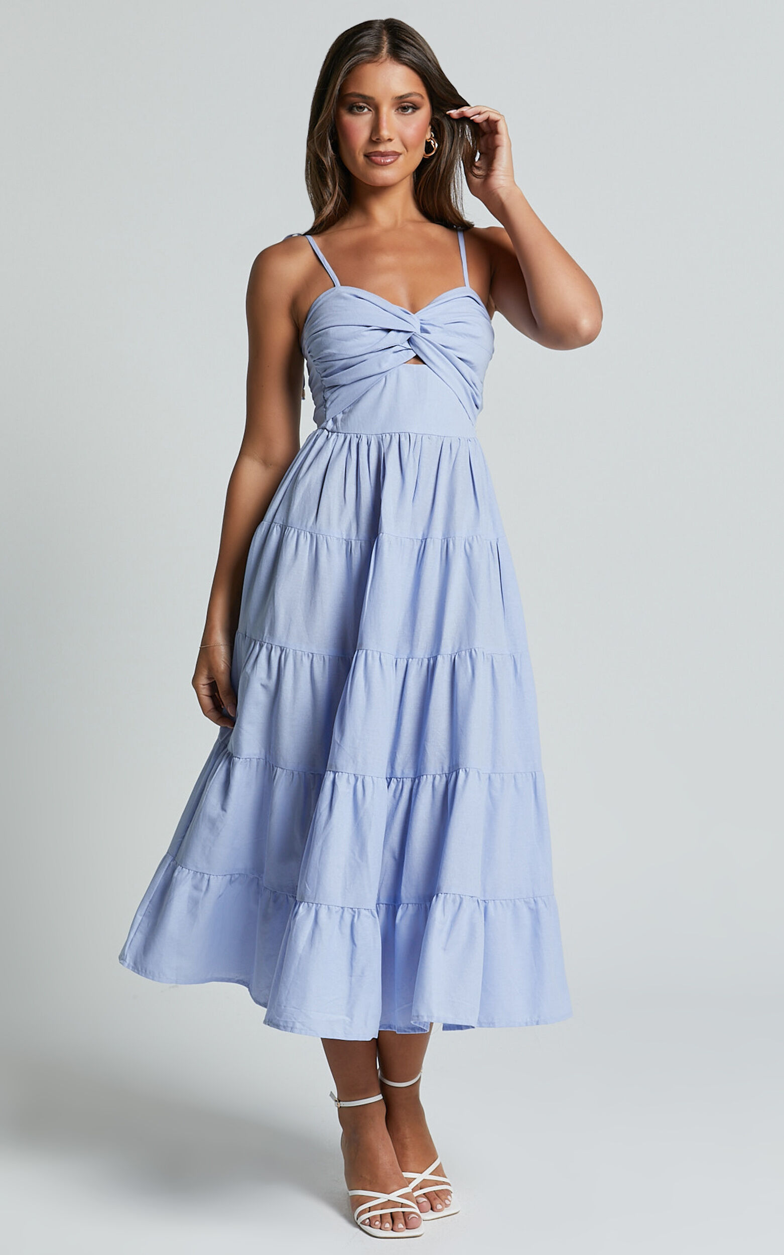 Leticia Midi Dress - Twist Front Tie Strap Tiered Dress in Pale Blue