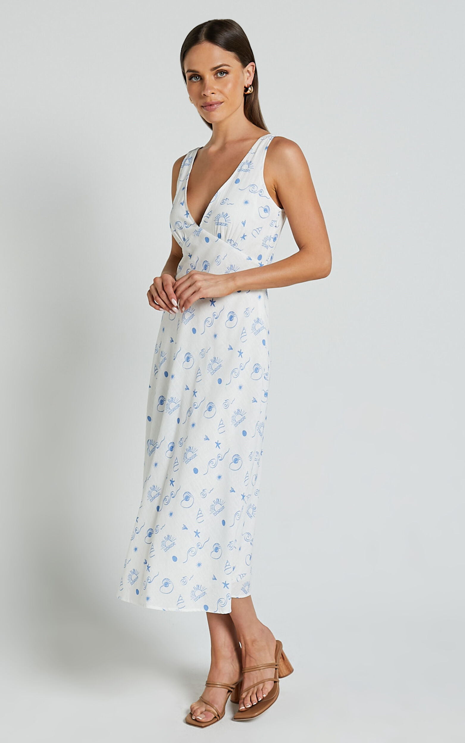 Becca Midi Dress - Ruched Bust Sleeveless V Neck Dress in Blue Print