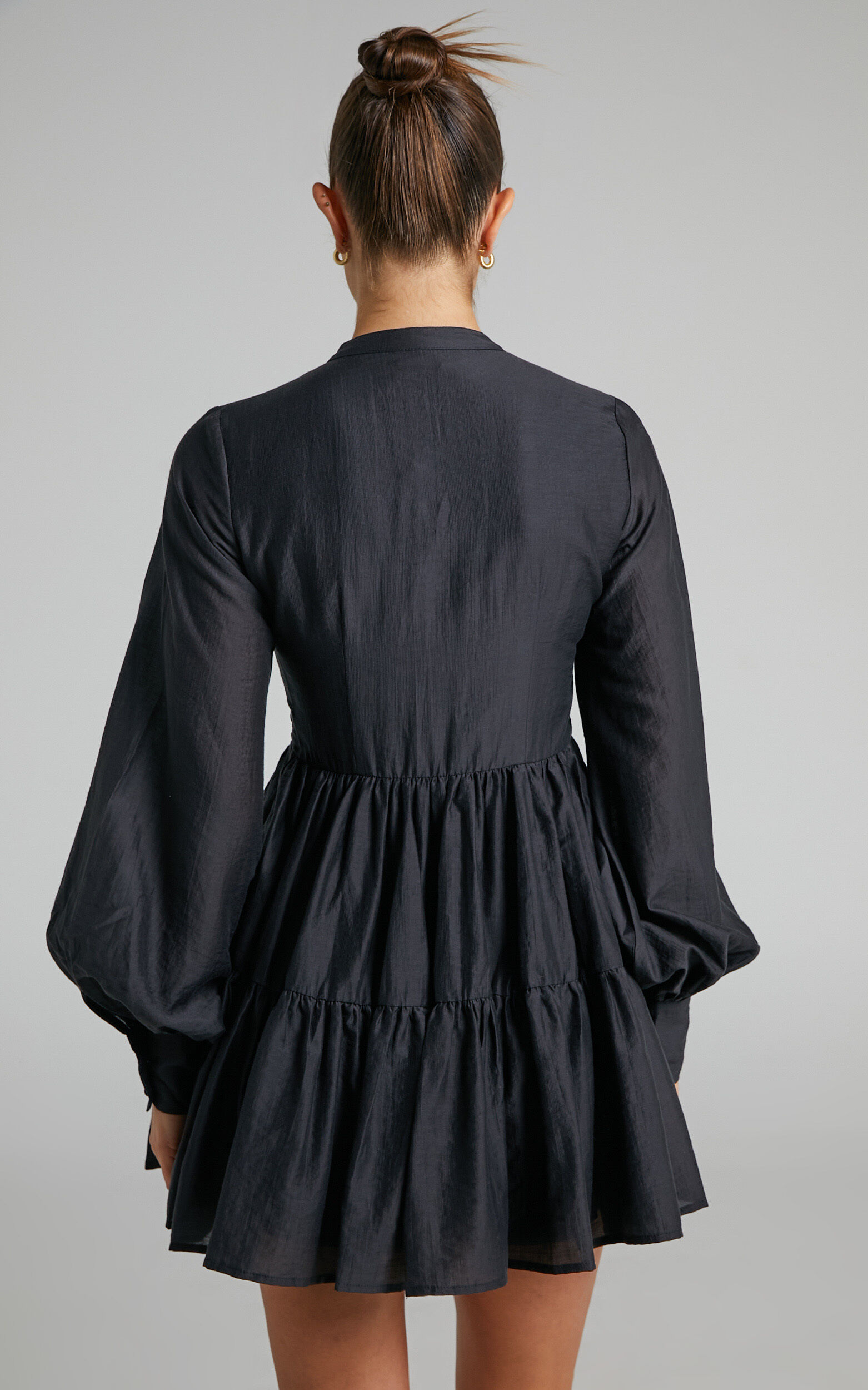 Kyra Mini Dress - Pin Tuck Detail Tiered Shirt Dress in Black