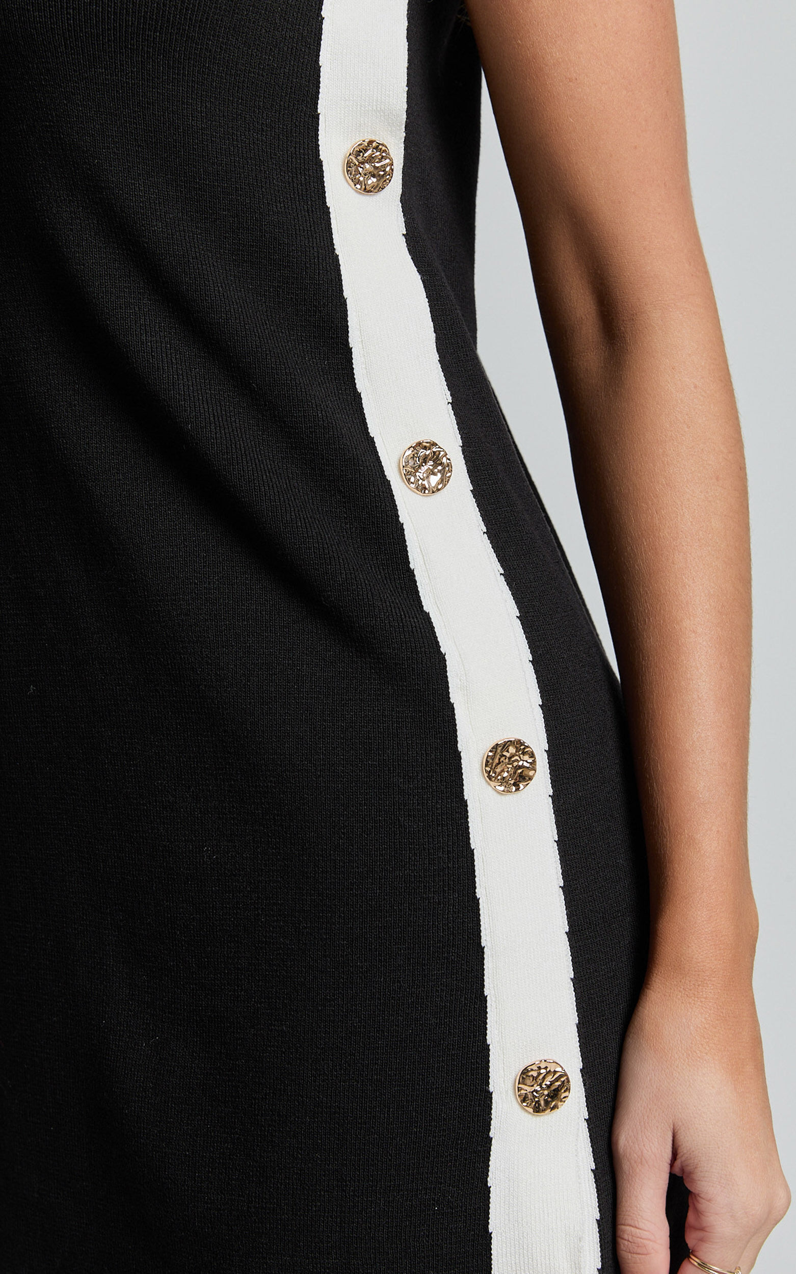 Terri Mini Dress - Scoop Neck Contrast Button Down Knit Dress in Black and White