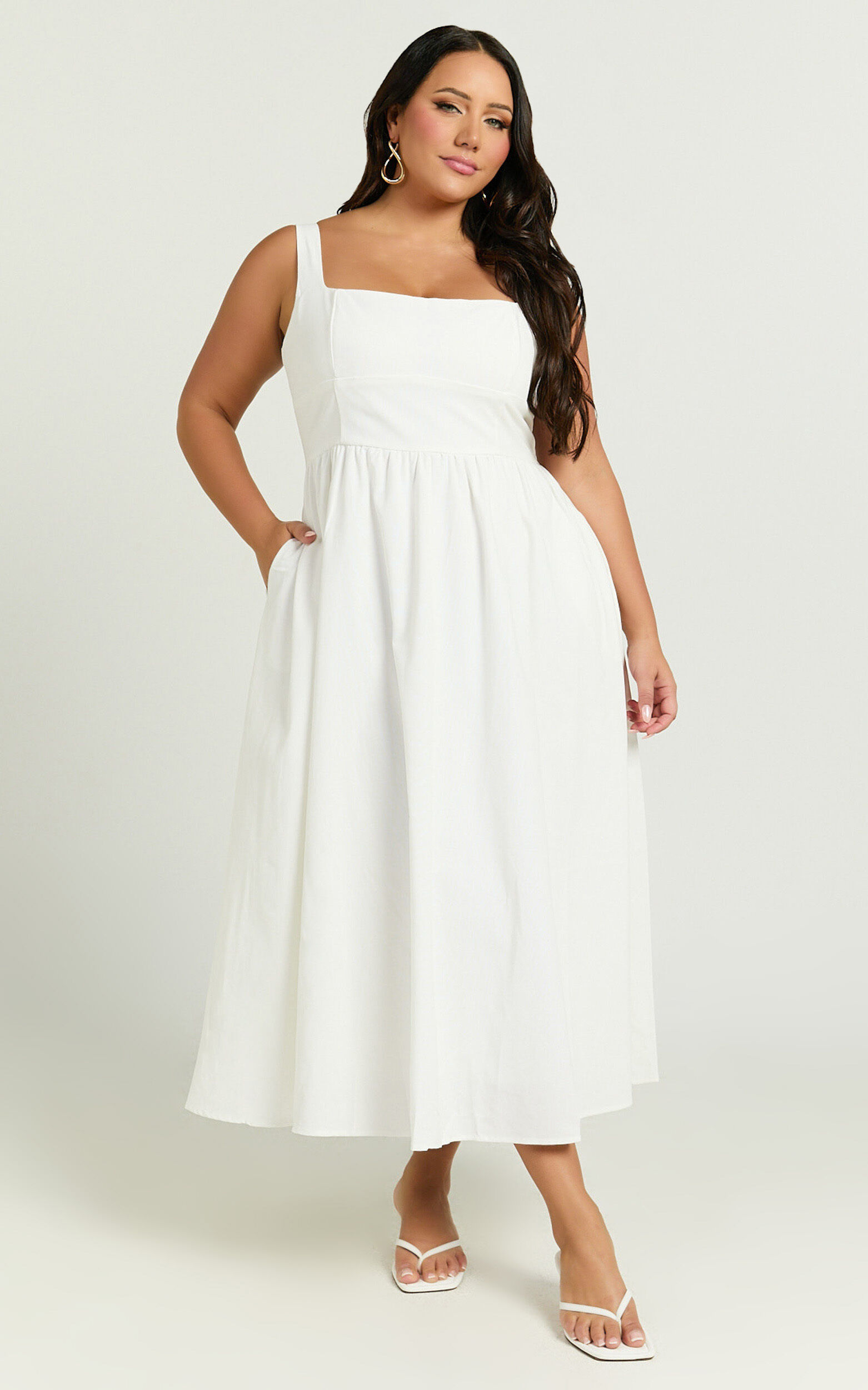 Khari Midi Dress - Linen Look Square A Line Dress in White