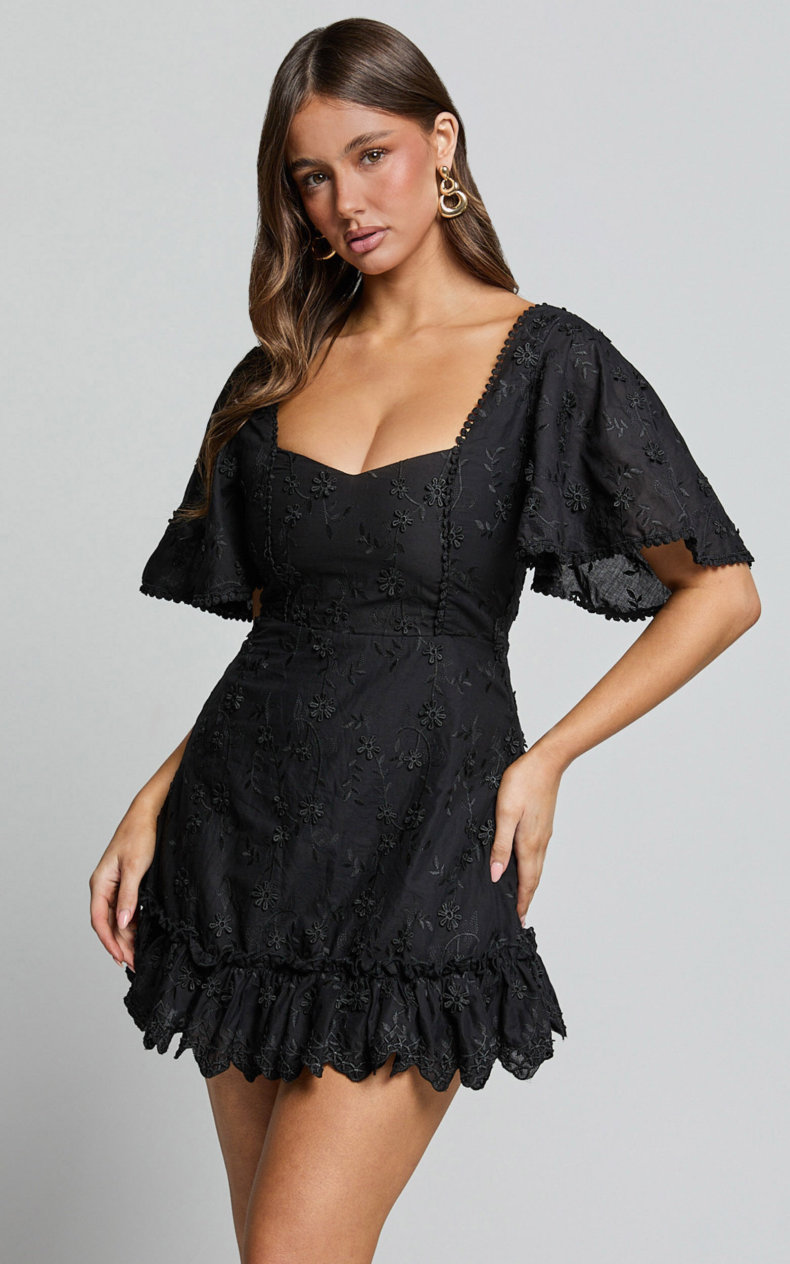 Fancy A Spritz Mini Dress - Square Neck Dress in Black Embroidery