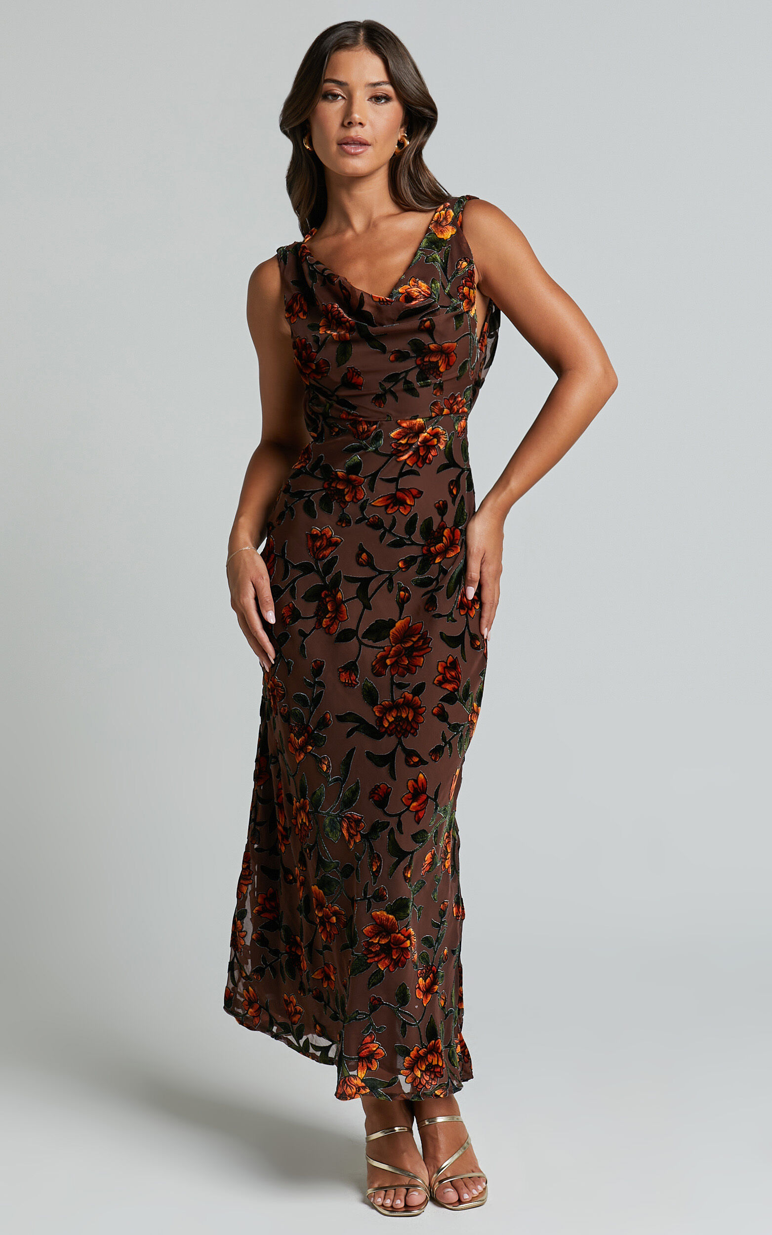 Stephania Midi Dress - Cowl Neck Low Back Burnout Slip Dress in Chocolate