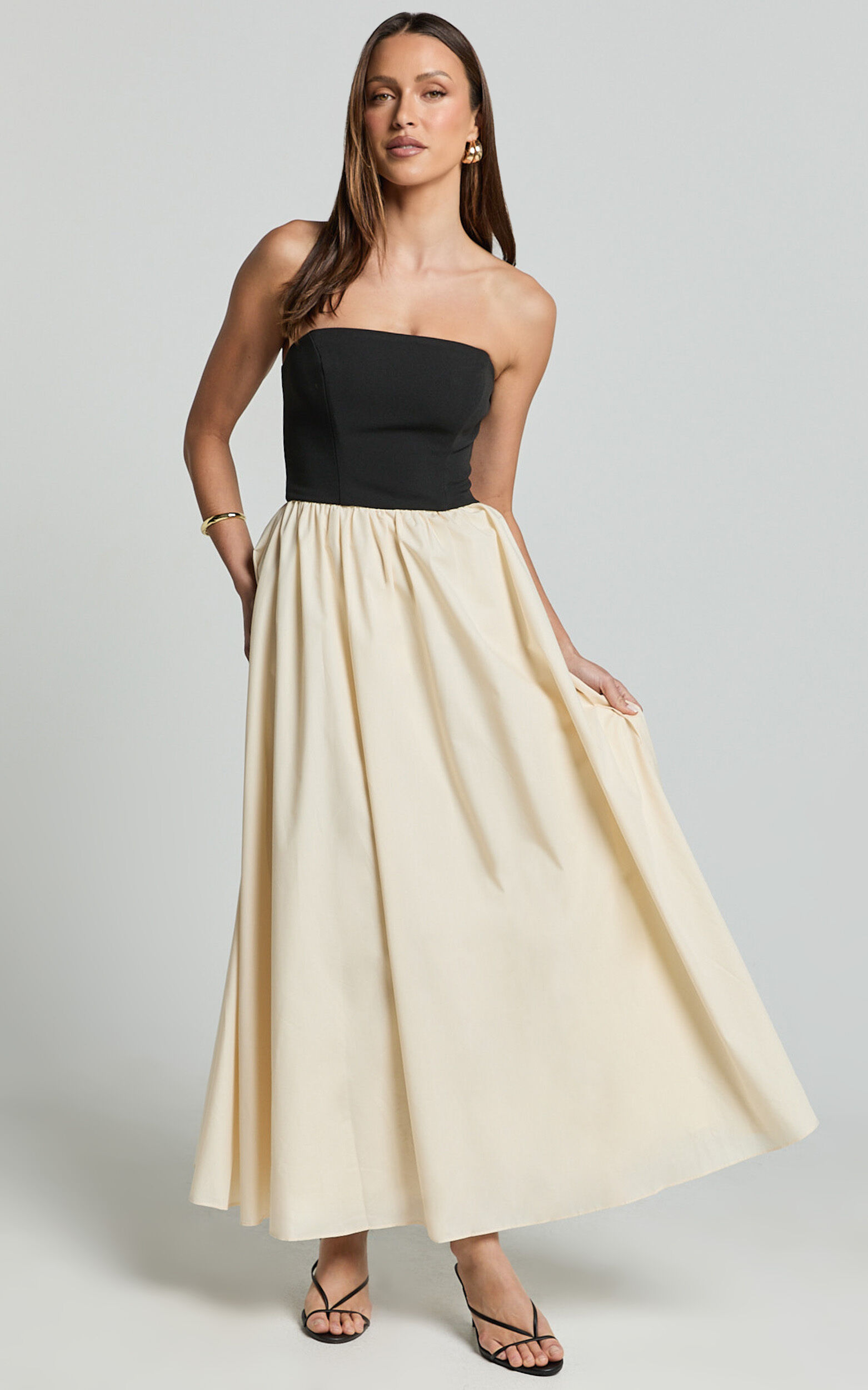 Alvana Midi Dress - Strapless Shift Dress in Black/Beige