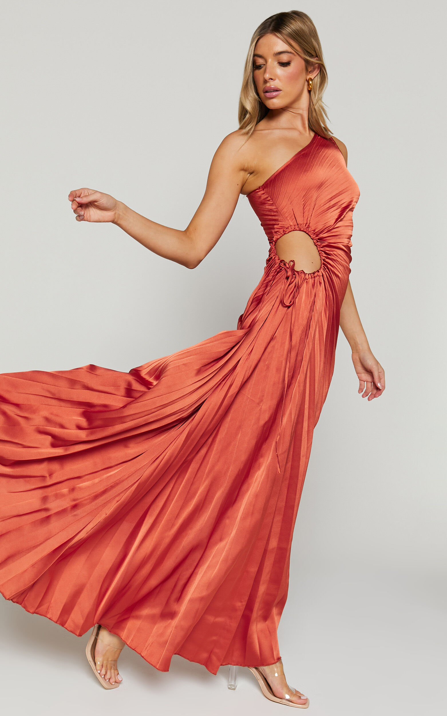 Kitsune Maxi Dress - One Shoulder Cut Out Dress in Copper