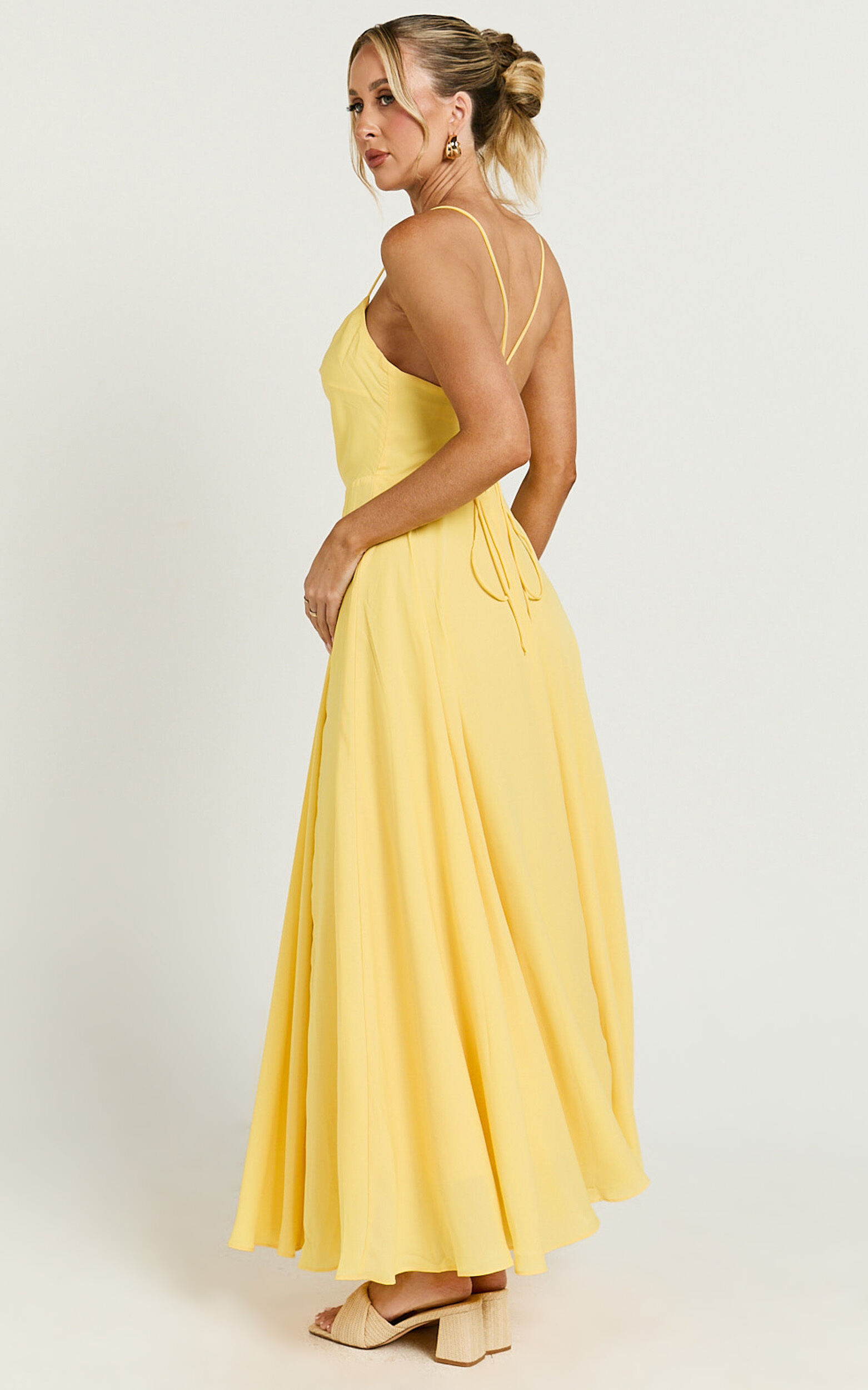 Celestine Midi Dress - Lace Up Back Cowl Neck Dress in Lemon