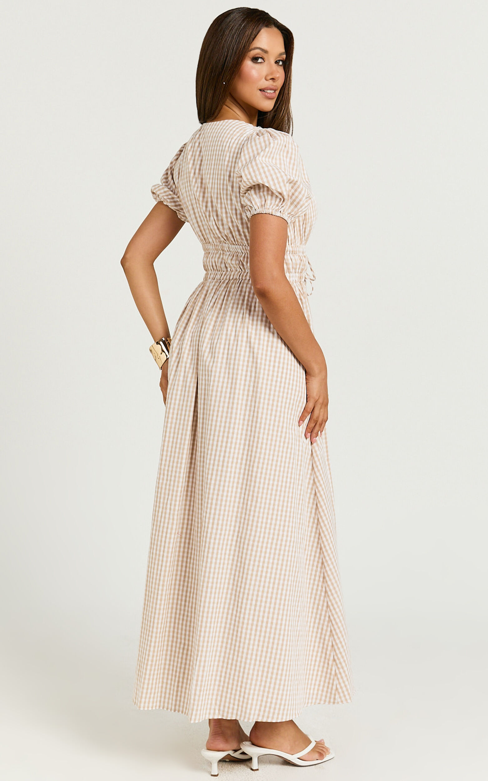 Matteo Midi Dress - Deep V Neck Puff Sleeve Dress in Light Gingham