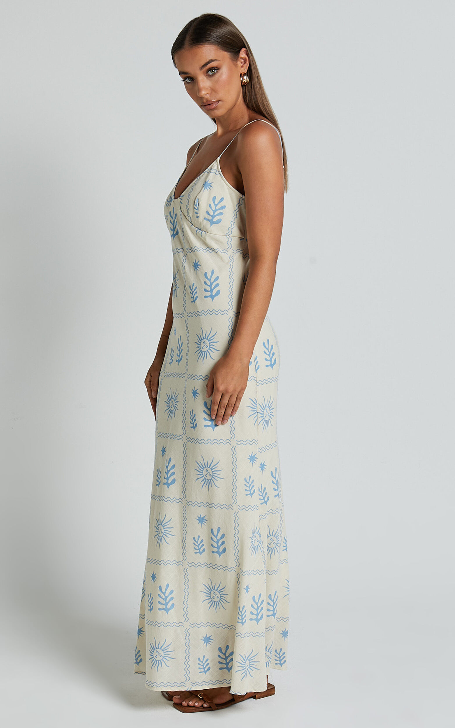 Zinnia Midi Linen Dress - Strappy Linen Slip Dress in Beige/Blue Border Print