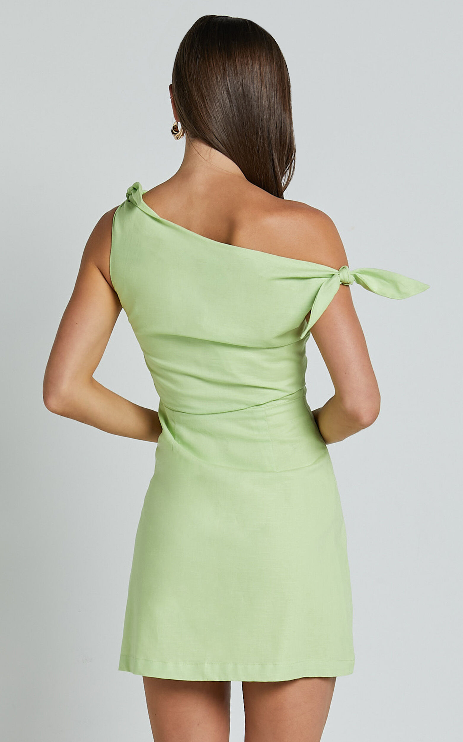 Jeofina Mini Dress - Off The Shoulder Linen Look Dress in Celery