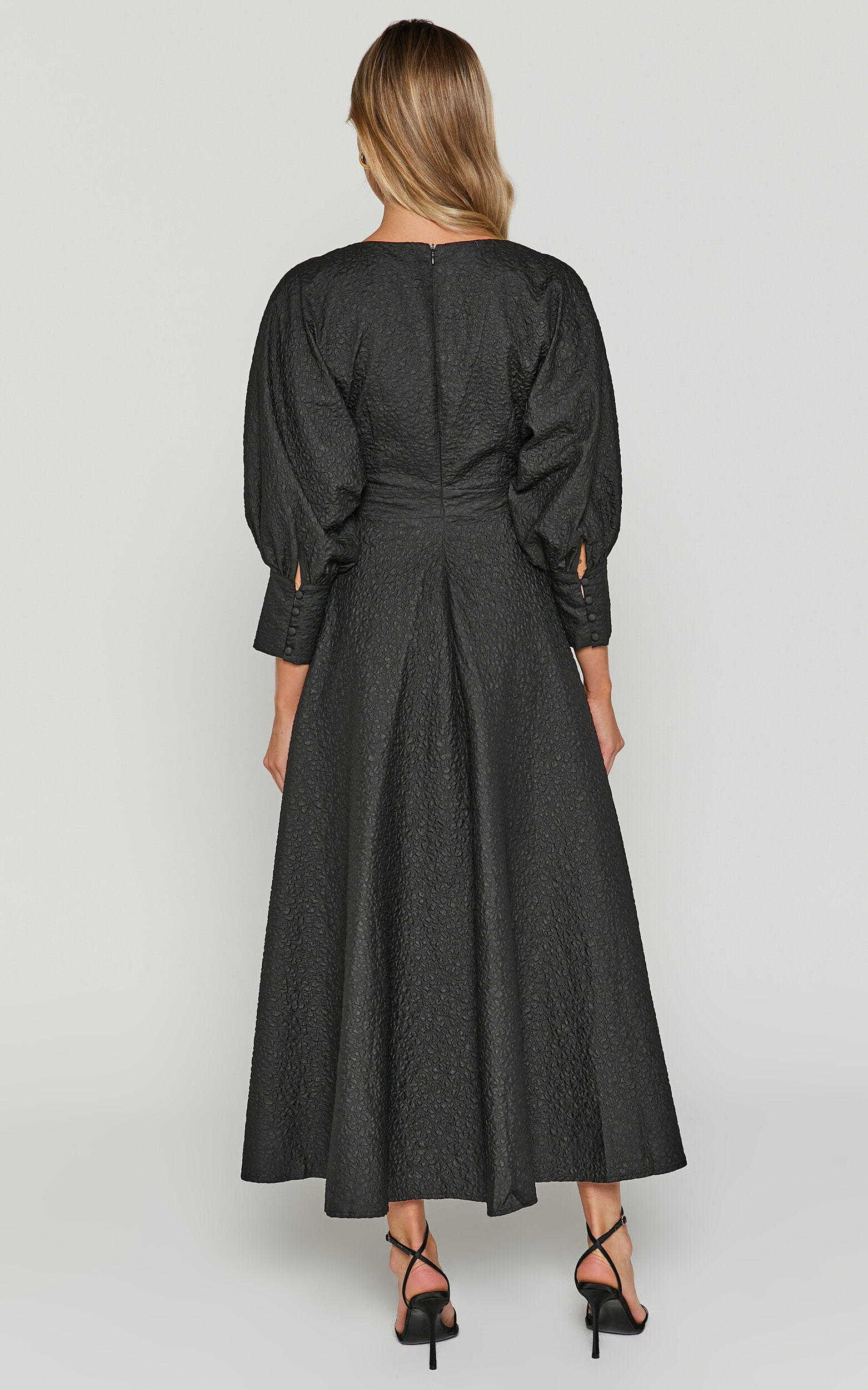 Ashtina Midi Dress - V Neck Cut Out Puff Sleeve Dress in Black