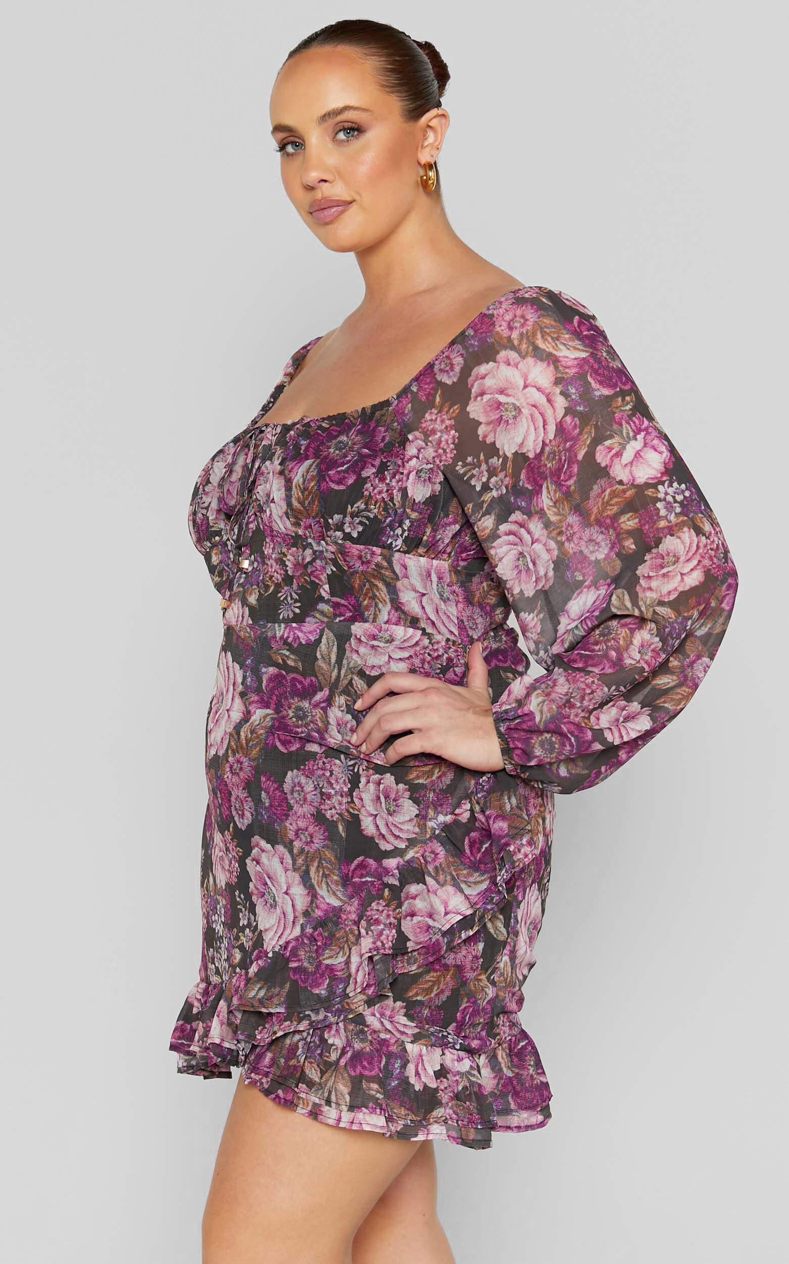 Grizela Mini Dress - Gathered Bust Long Sleeve Dress in Harvest Floral