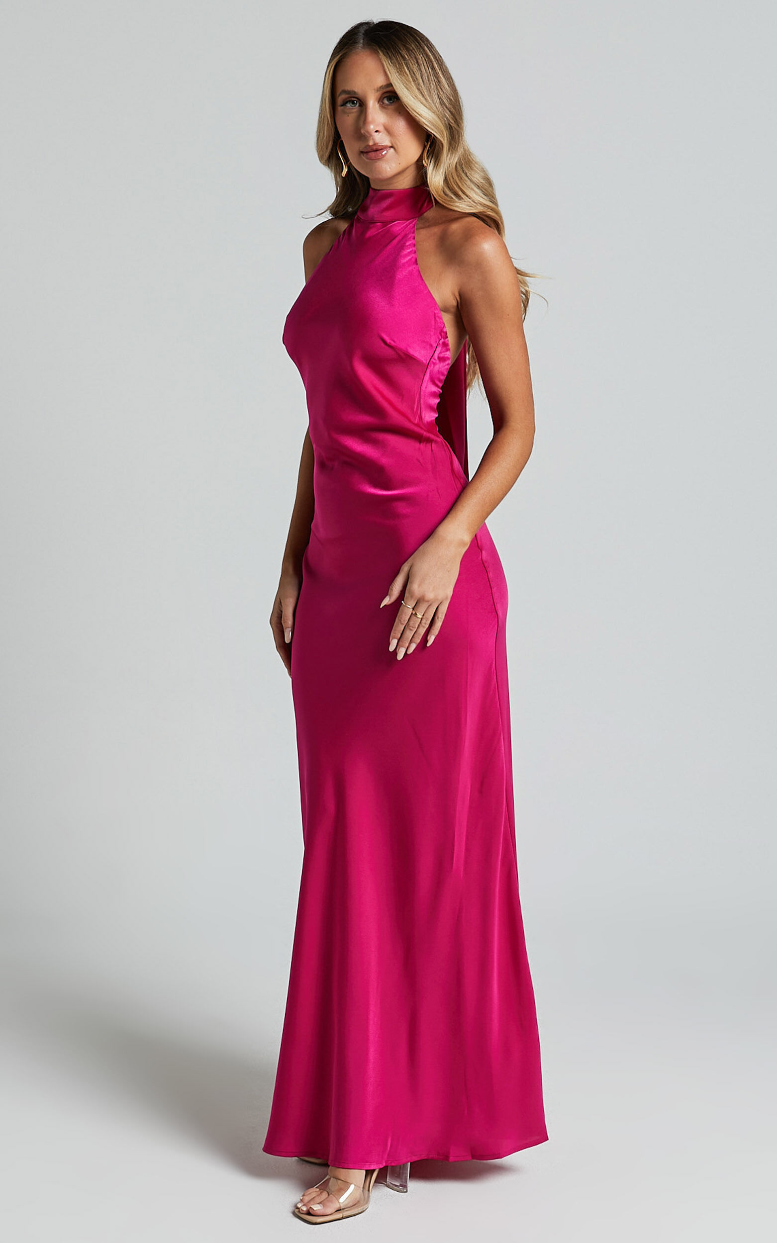 Alycia Maxi Dress - High Neck Tie Back Slip in Pink