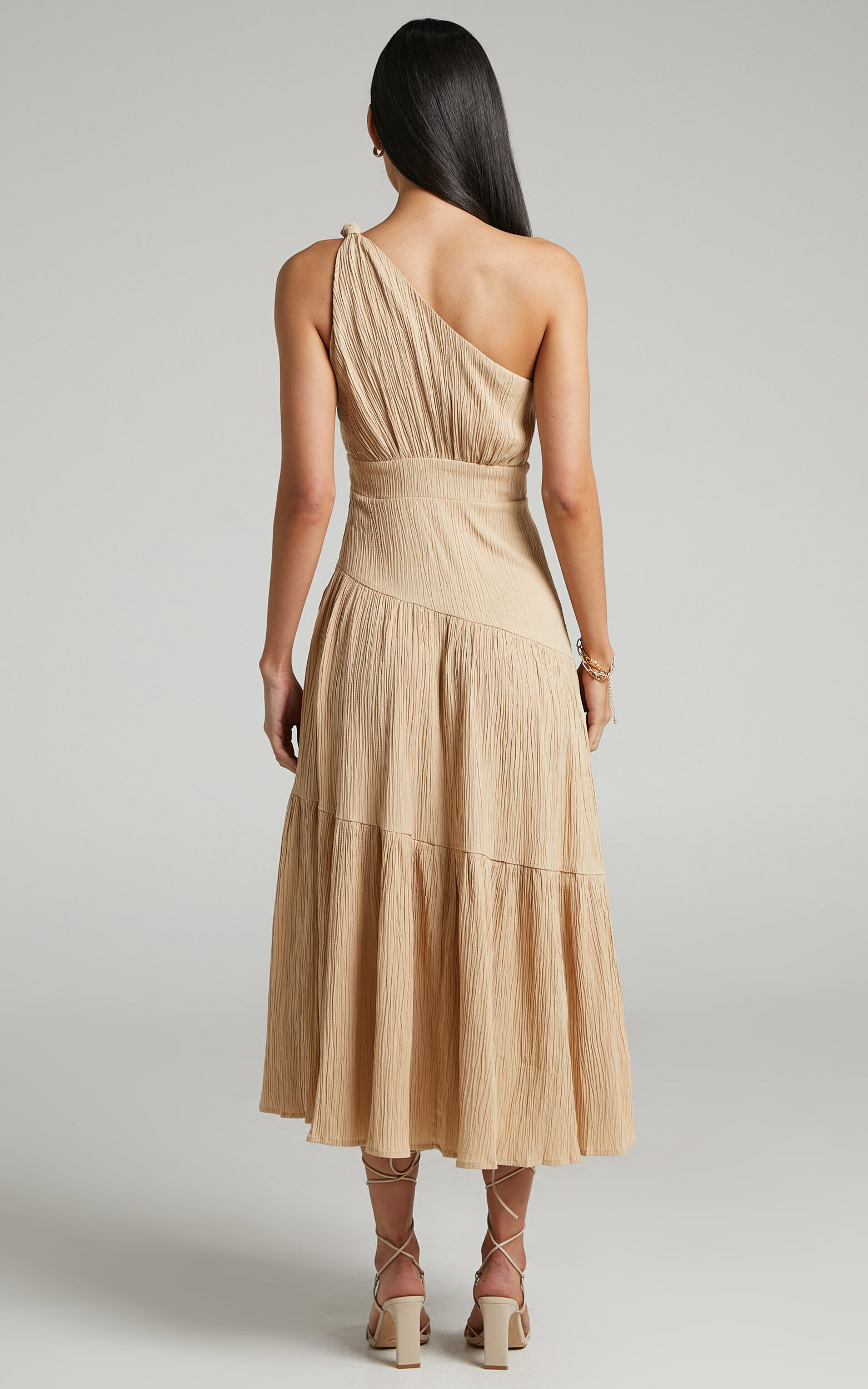 Celestia Midi Dress - Tiered One Shoulder Dress in Sand