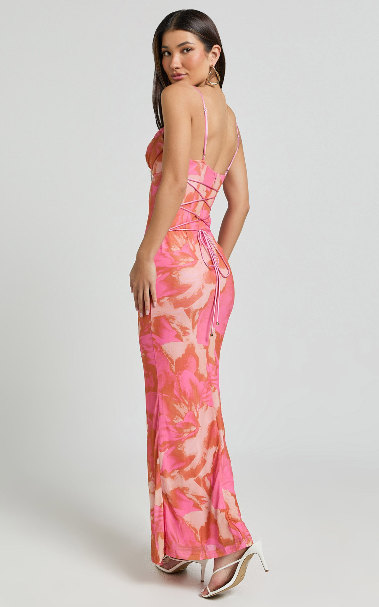 Ariel Midi Dress - Mesh Bodycon Tie Detail Dress in Pink Blur Print