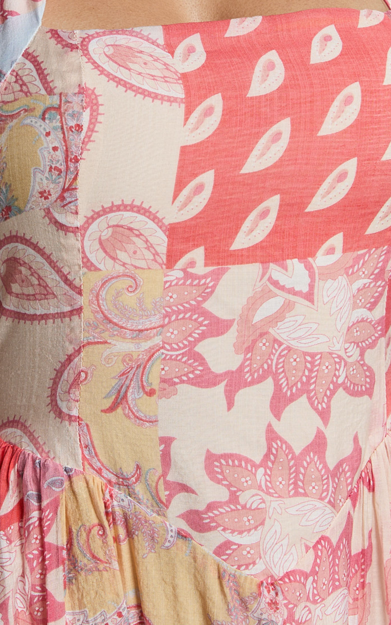 Anziel Midi Dress - Halter Tie Back Tiered Dress in Pink Patchwork Print