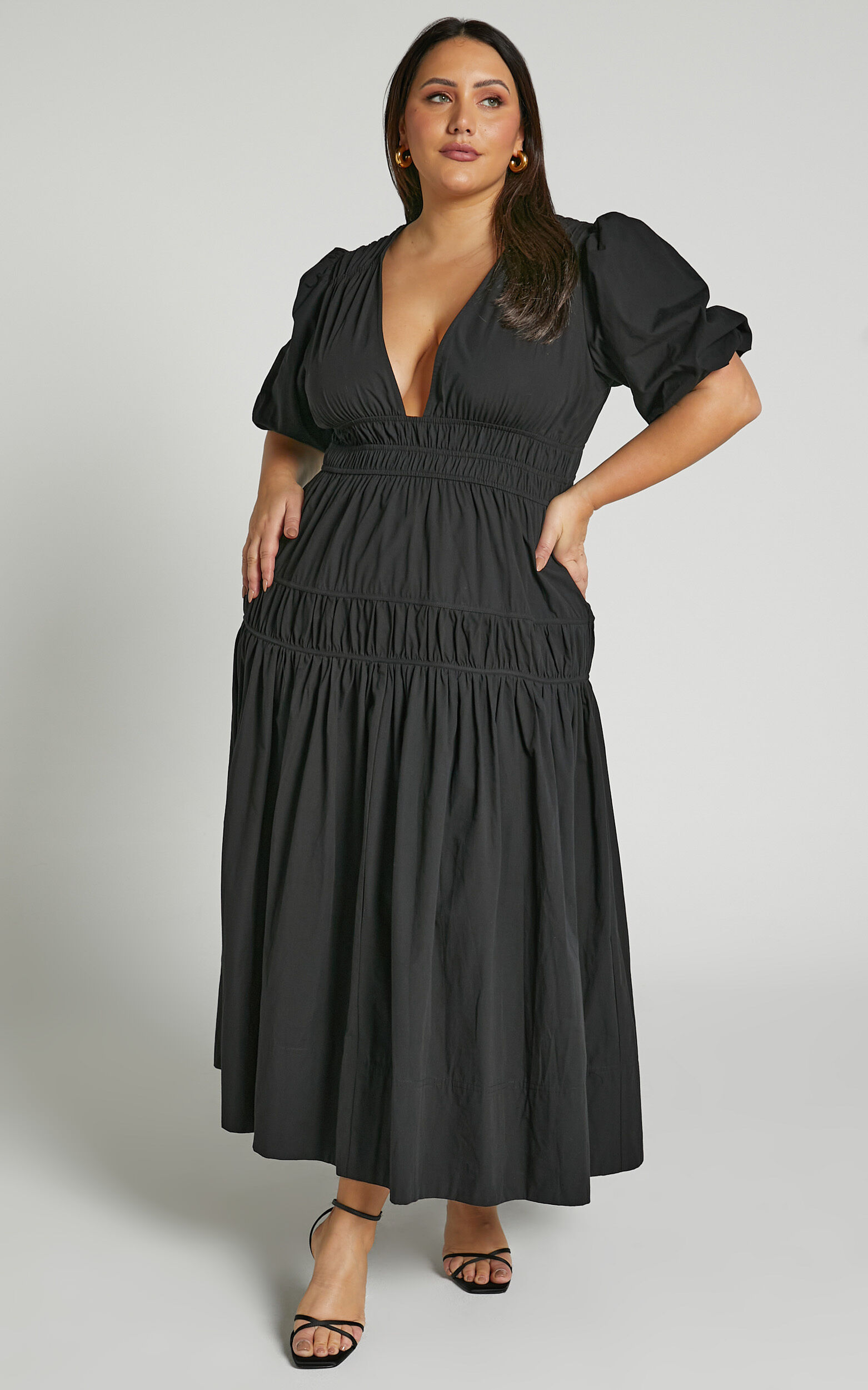 Mellie Midi Dress - Puff Sleeve Plunge Tiered Dress in Black