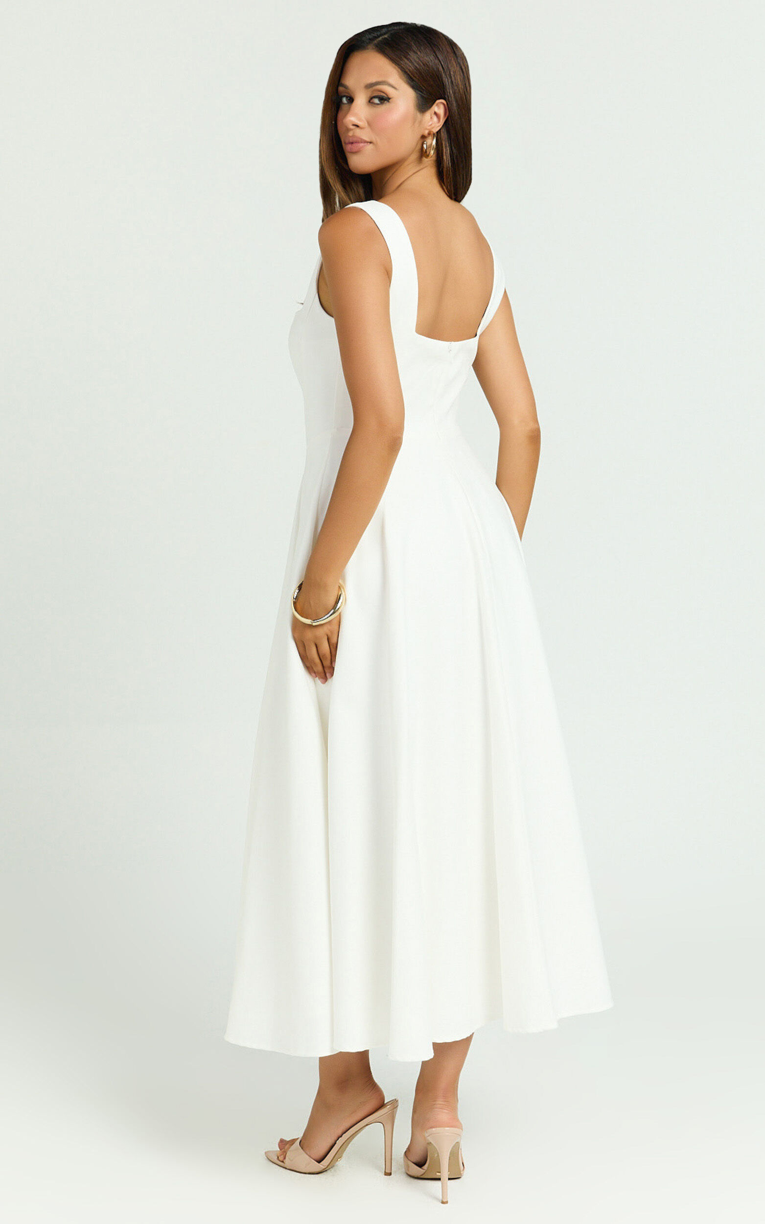 Bernie Midi Dress - Square Neck Strapped Full Circle Skirt Dress in White