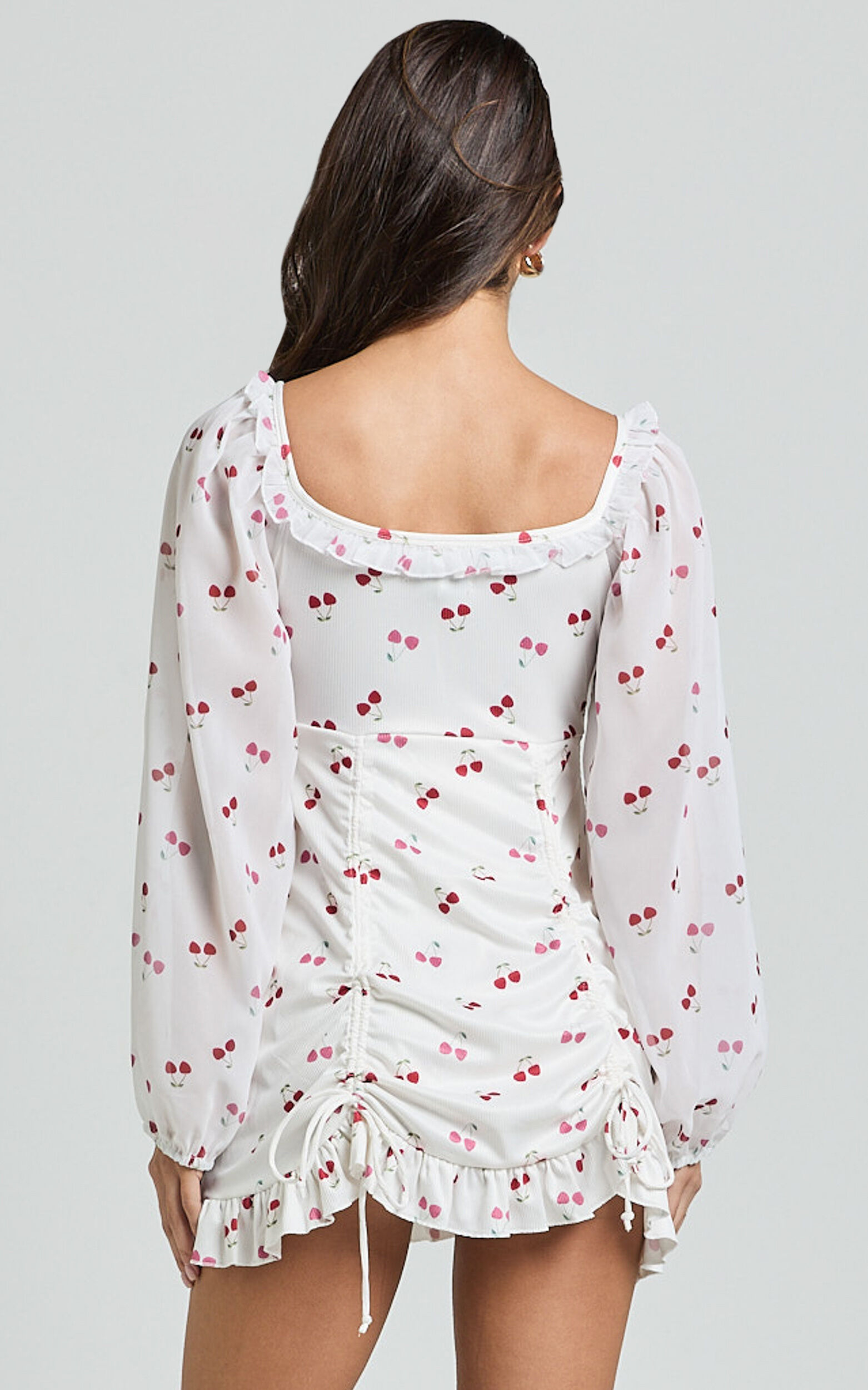 Francia Mini Dress - Long Sleeve Gathered Frill Hem Detail Dress in Cherry Print