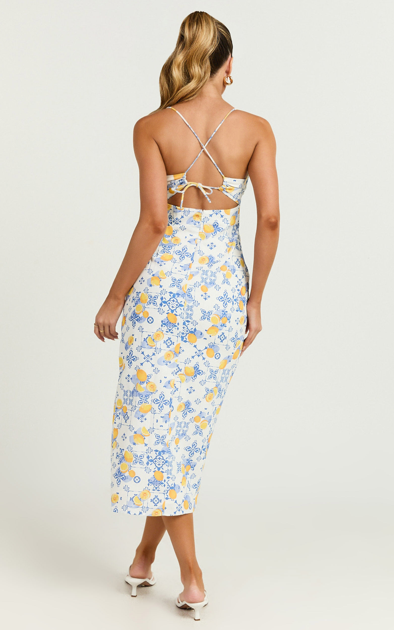 Frederica Midi Linen Dress - Gathered Sweetheart Tie Back Front Split Dress in Limoncello Tile