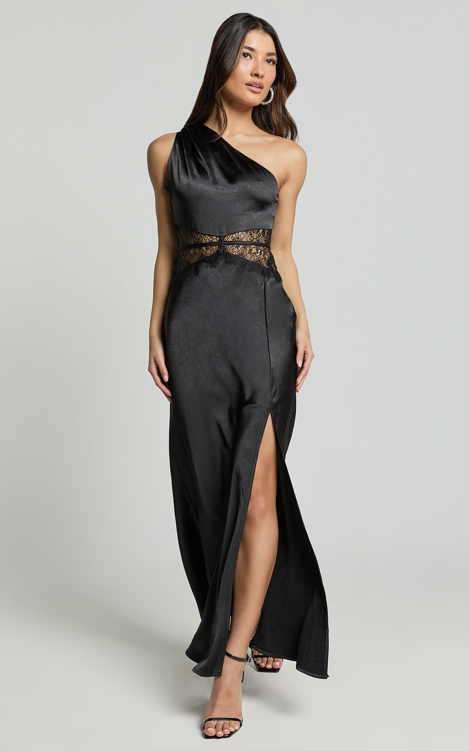 Estella Midi Dress - Asymmetrical Lace Detail Waist Slip Dress in Black