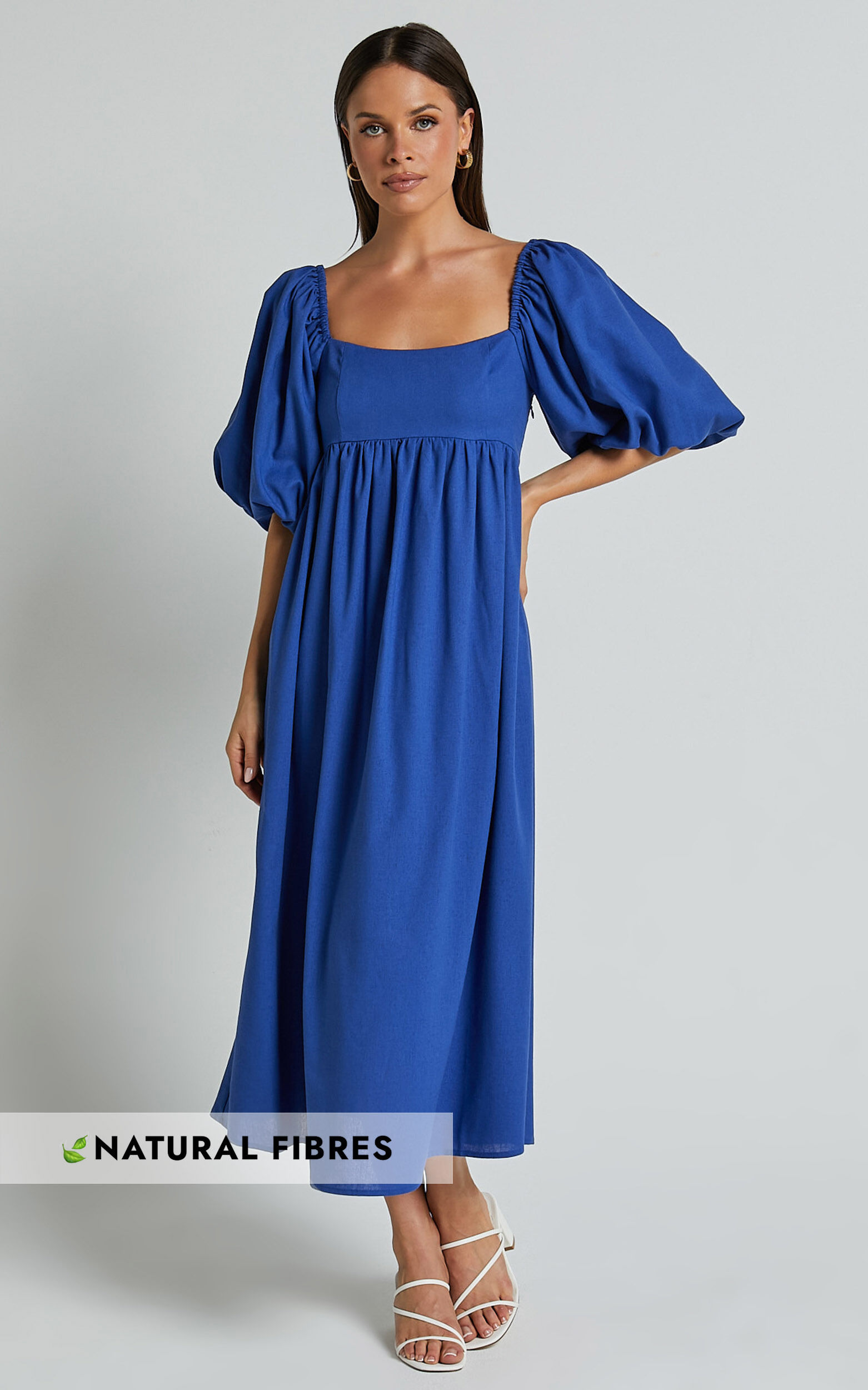 Cenia Midi Dress - Linen Straight Neck Shirred Back Puff Sleeve Dress in Bright Blue
