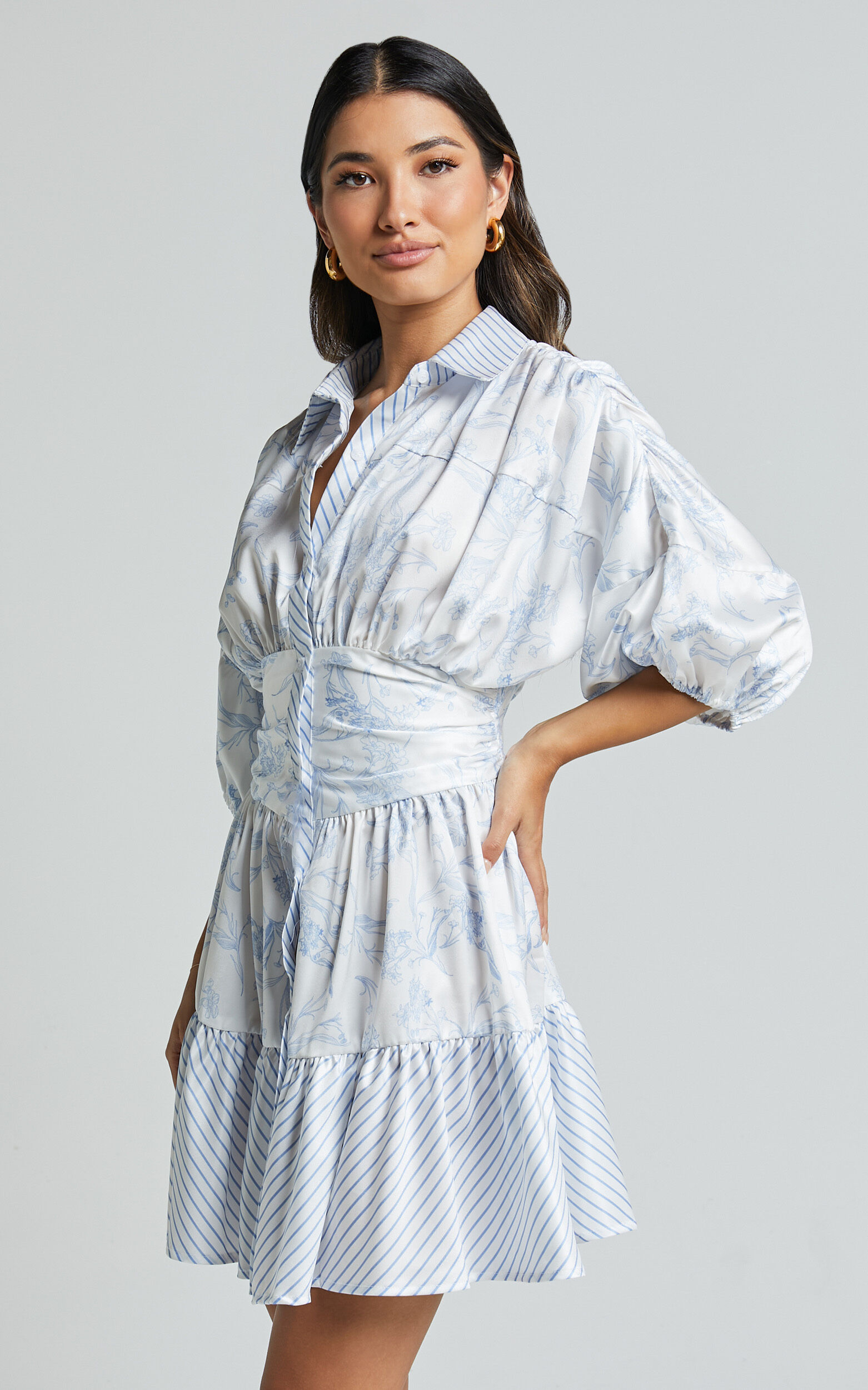 Amabella Mini Dress - 3/4 Sleeve Collared Button Up Dress in Blue