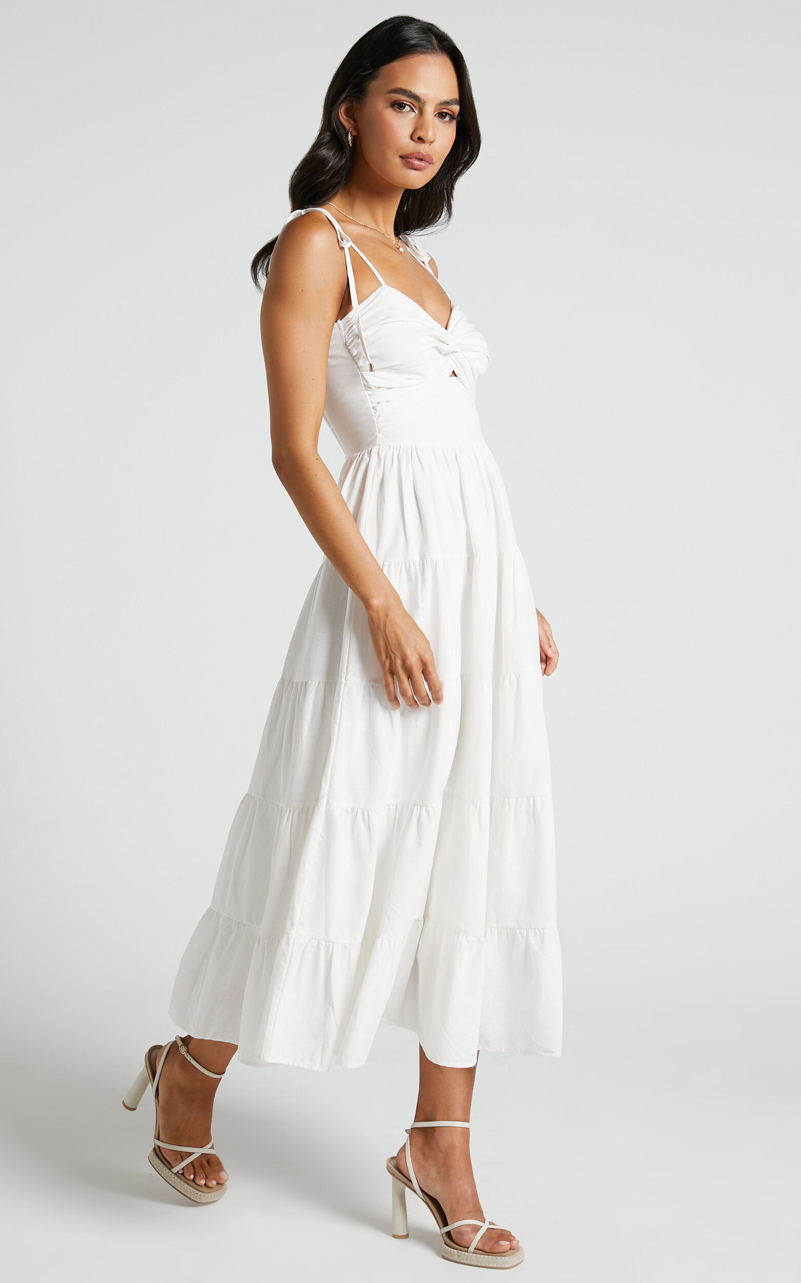 Leticia Midi Dress - Twist Front Tie Strap Tiered Dress in Off White