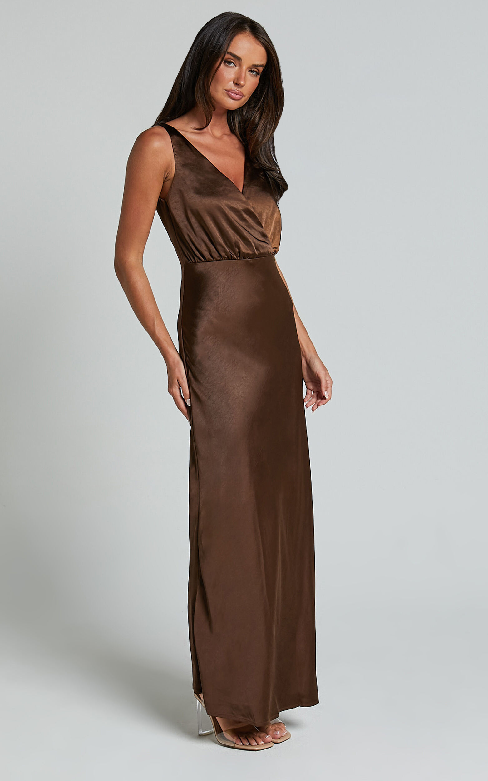 Melodie Midi Dress - V Neck Satin Slip Dress in Chocolate