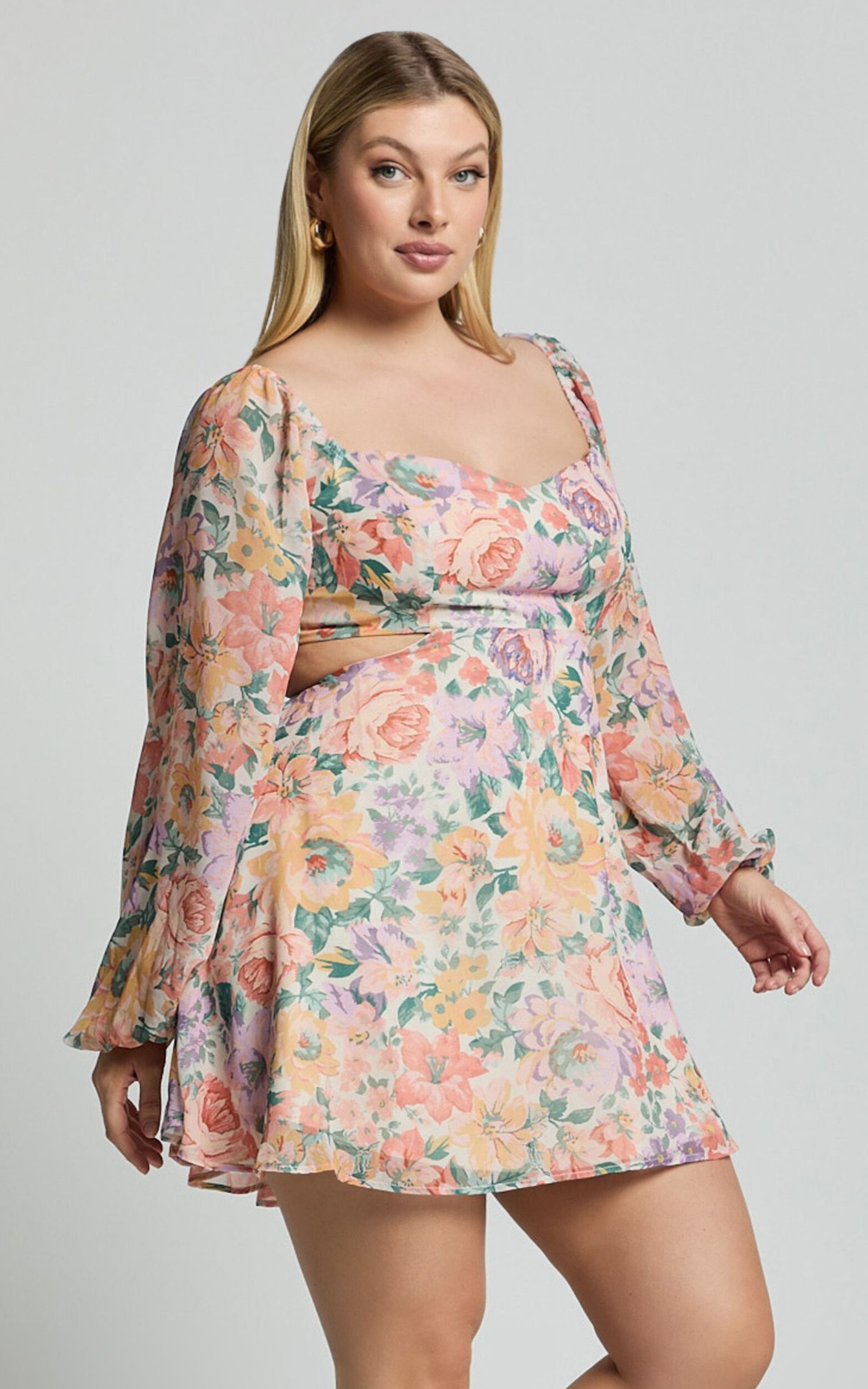 Ebonee Mini Dress - Puff Sleeve Cut Out Dress in Flower Crown