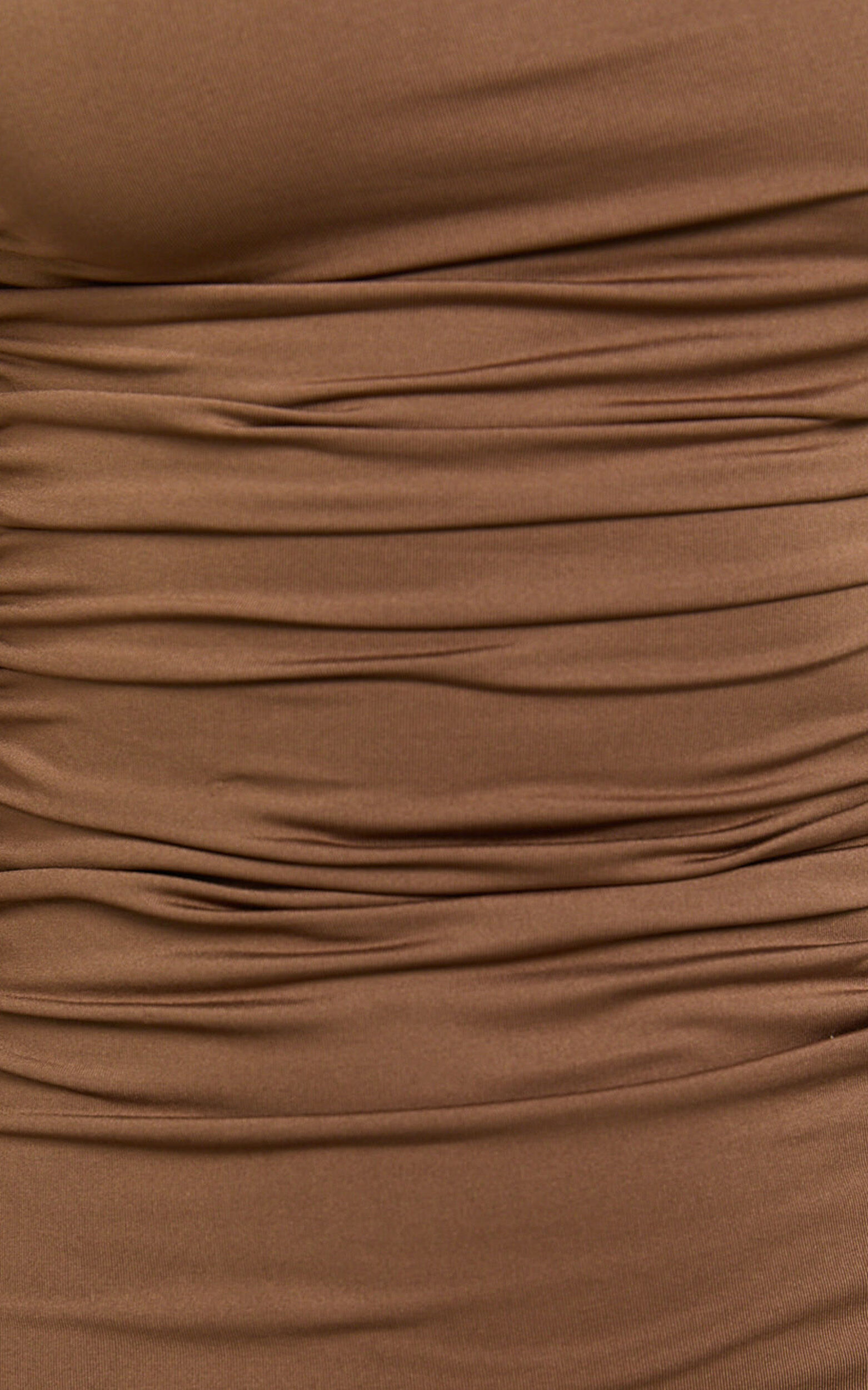 Yolanda Midi Dress - Off Shoulder Ruched Side Jersey Dress in Mocha