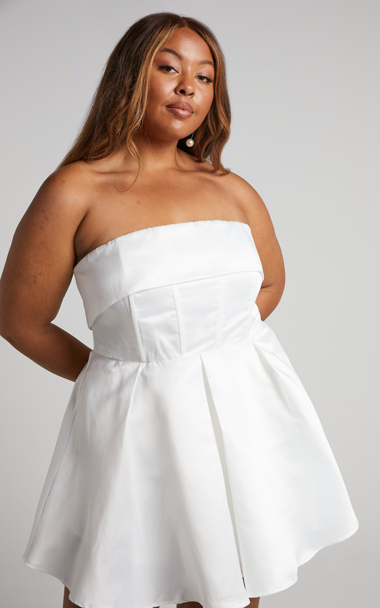 Valora Mini Dress - Strapless Fit and Flare Satin Dress in Ivory