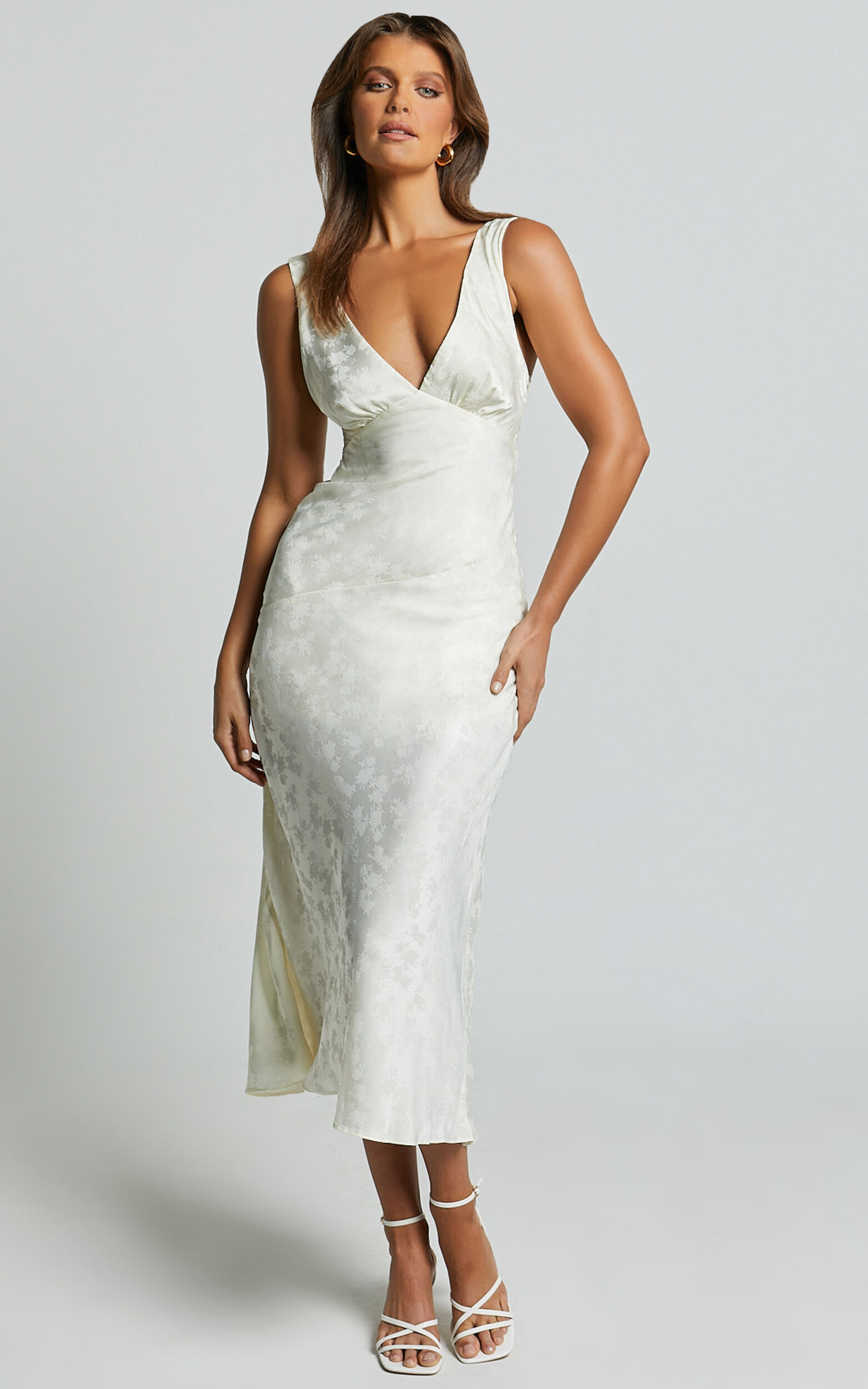 Cohen Midi Dress - Jacquard Satin Midi Dress in Cream