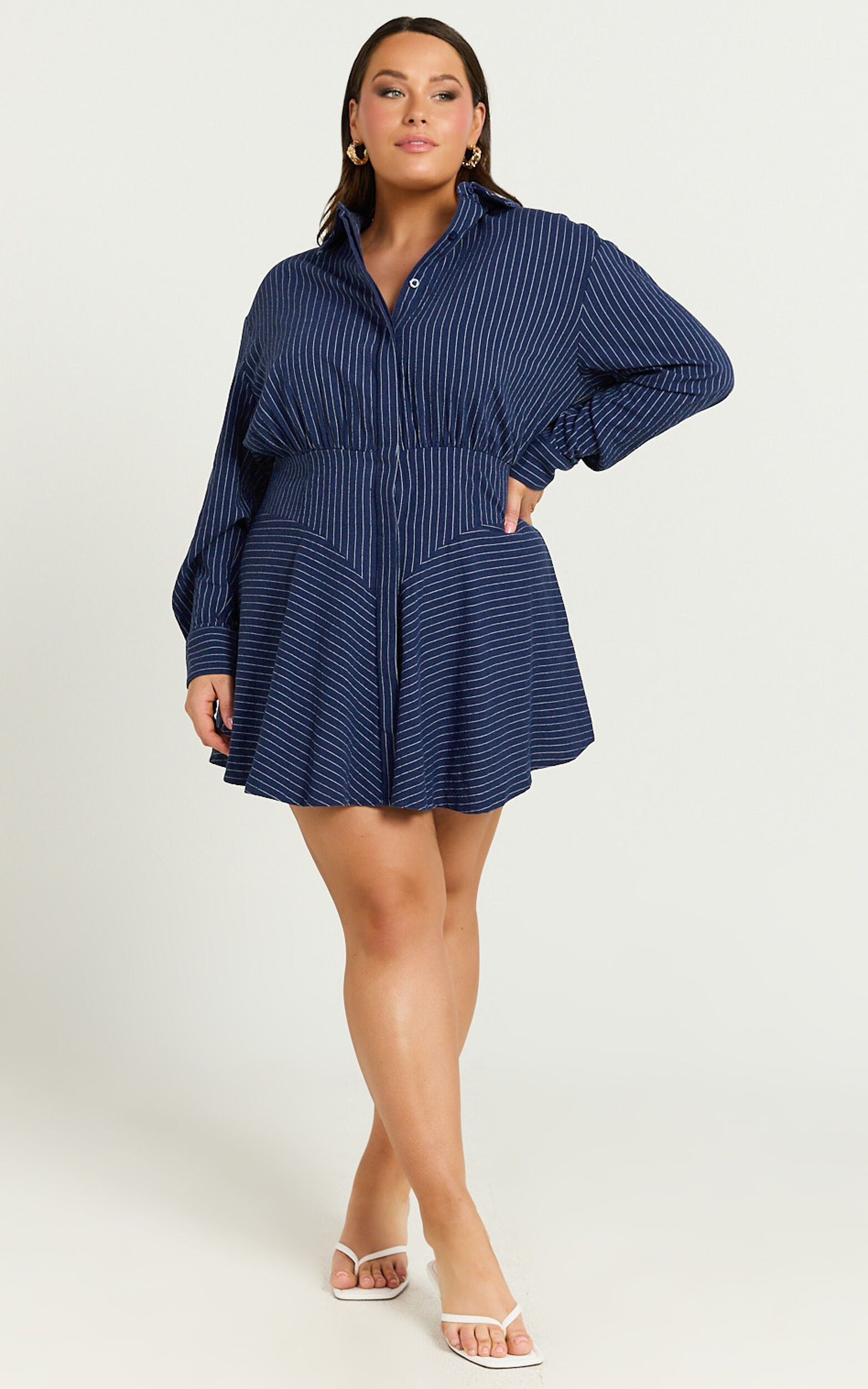 Whitney Mini Dress - Linen Long Sleeve Shirt Dress in Navy