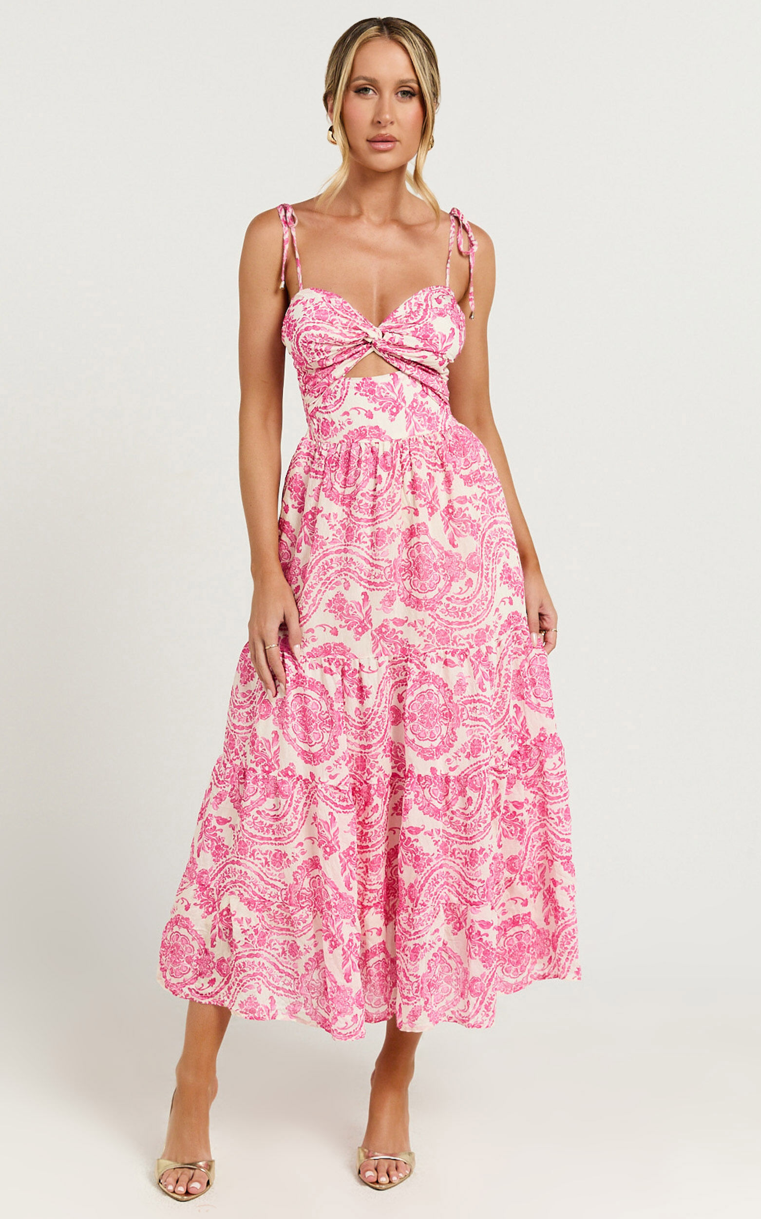 Esmeralda Midi Dress - Strappy Cut Out Tiered Dress in Pink Floral