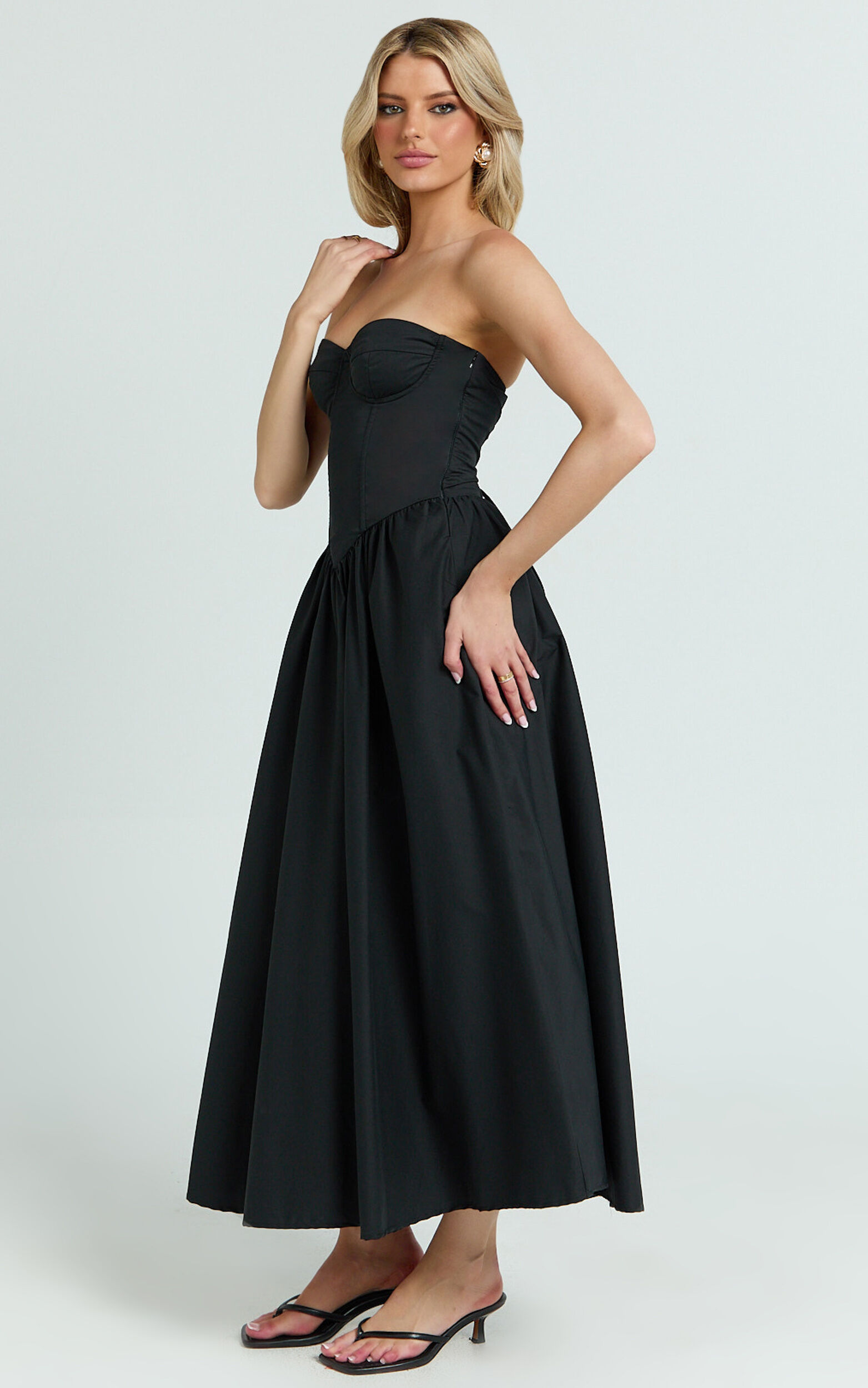 Daria Midi Dress - Strapless Corset Gathered Dress in Black