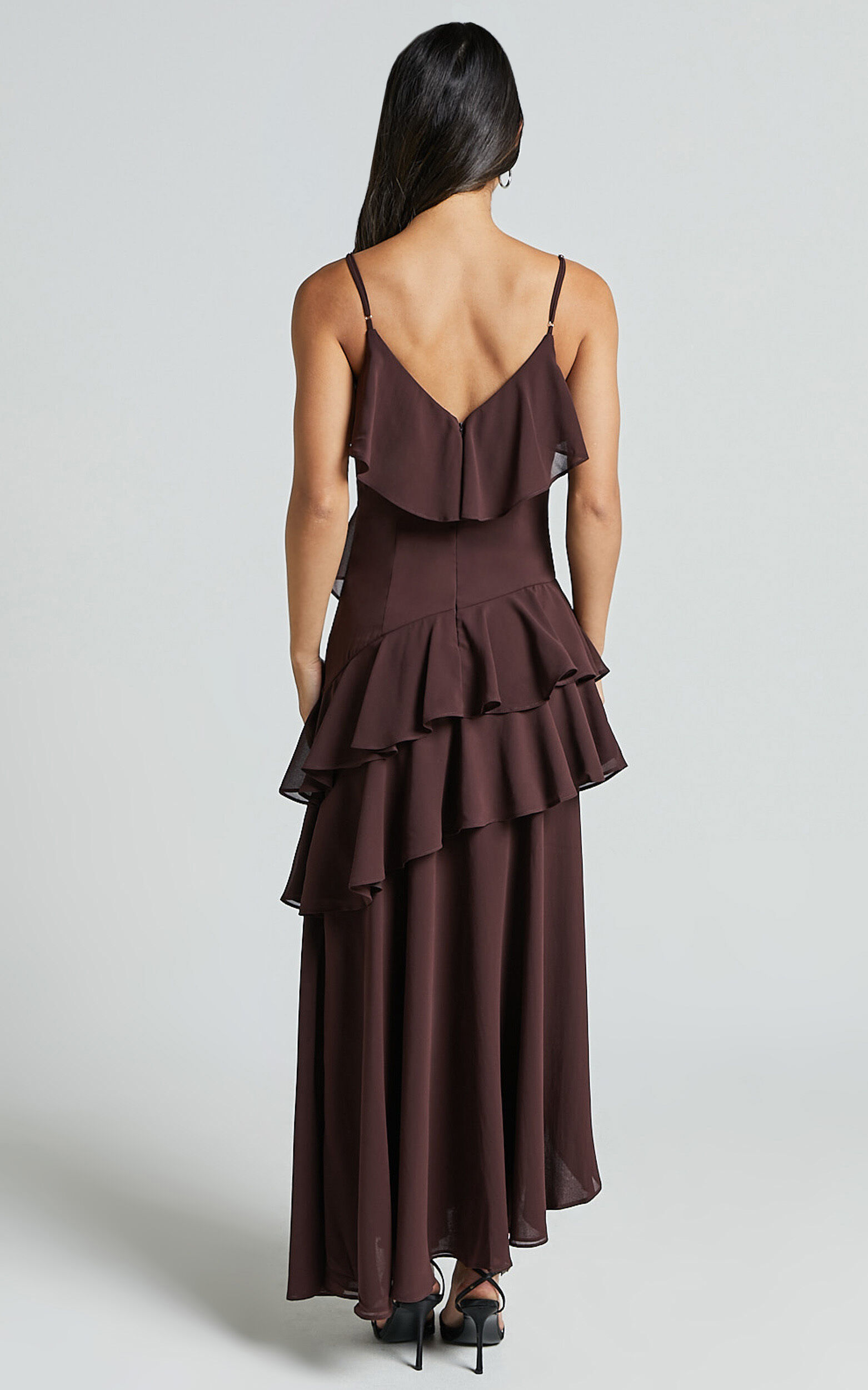 Emily Midi Dress - Strappy Asymmetric Ruffle Dress in Chocolate