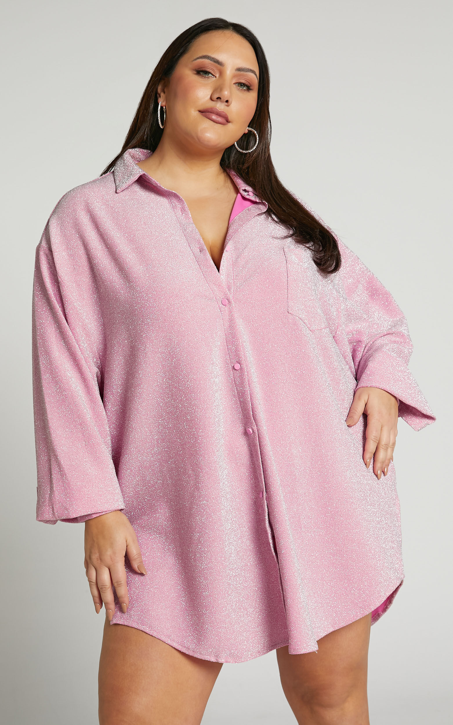 Ruri Mini Dress - Sparkly Oversized Shirt Dress in Pink