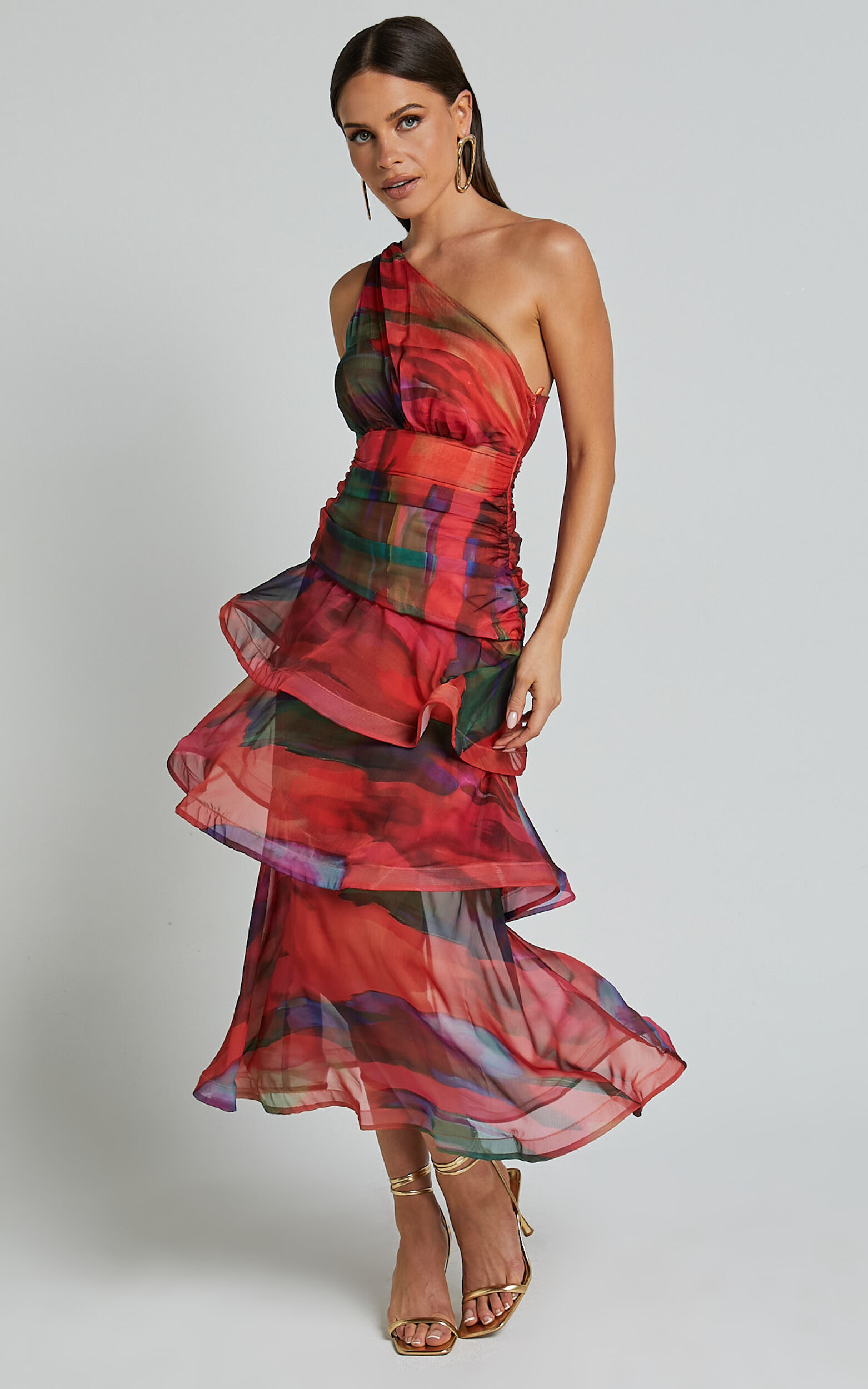 Chelsea Midi Dress - One Shoulder Tie Strap Layered Dress in Print
