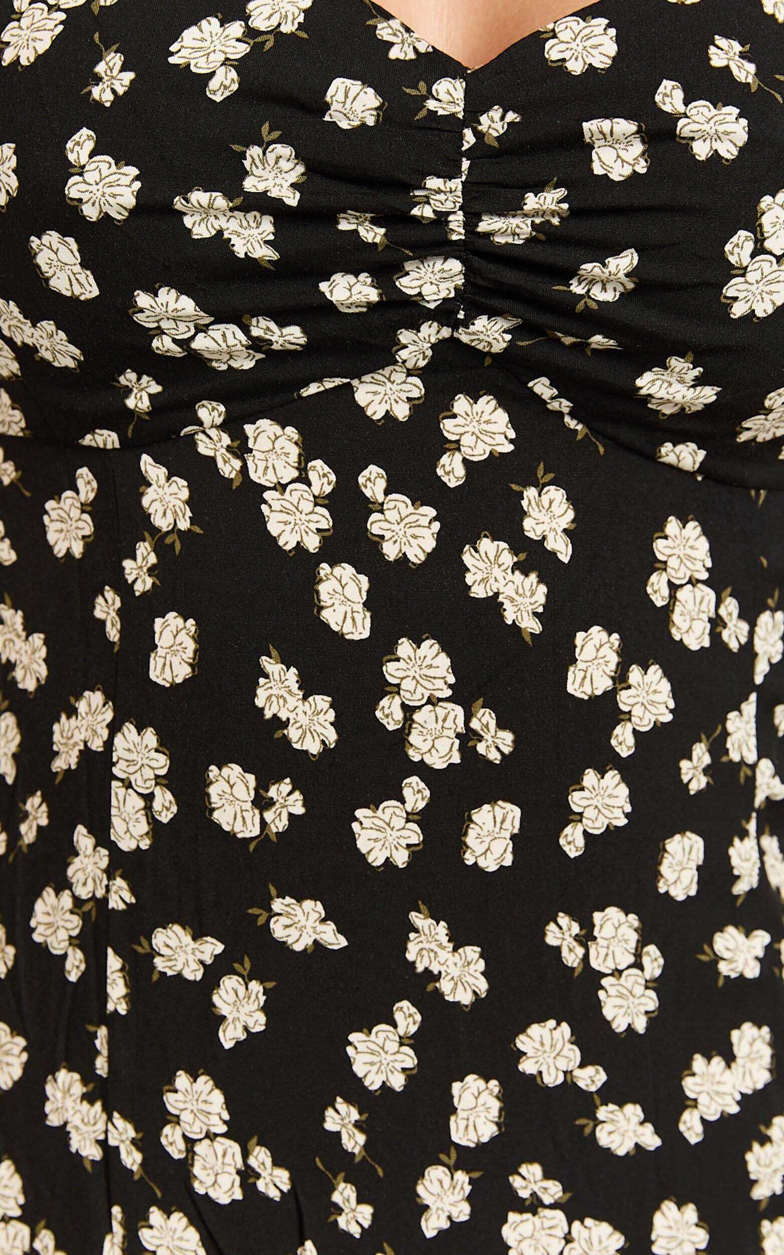 Marcel Midi Dress - Sweetheart Puff Sleeve Thigh Split Dress in Black Wildflower