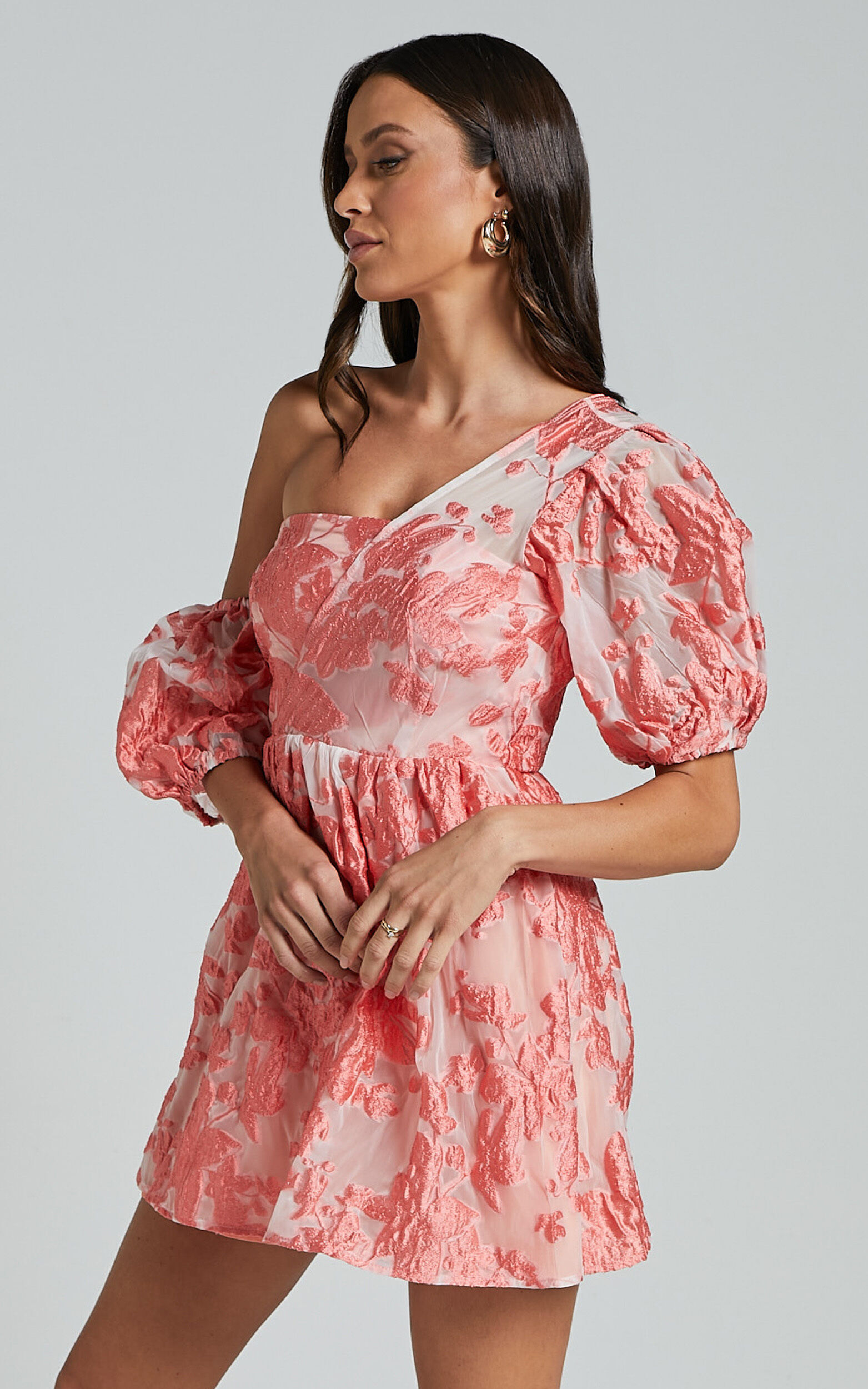 Charrie Mini Dress - One Shoulder Puff Sleeve Dress in Peach Jacquard