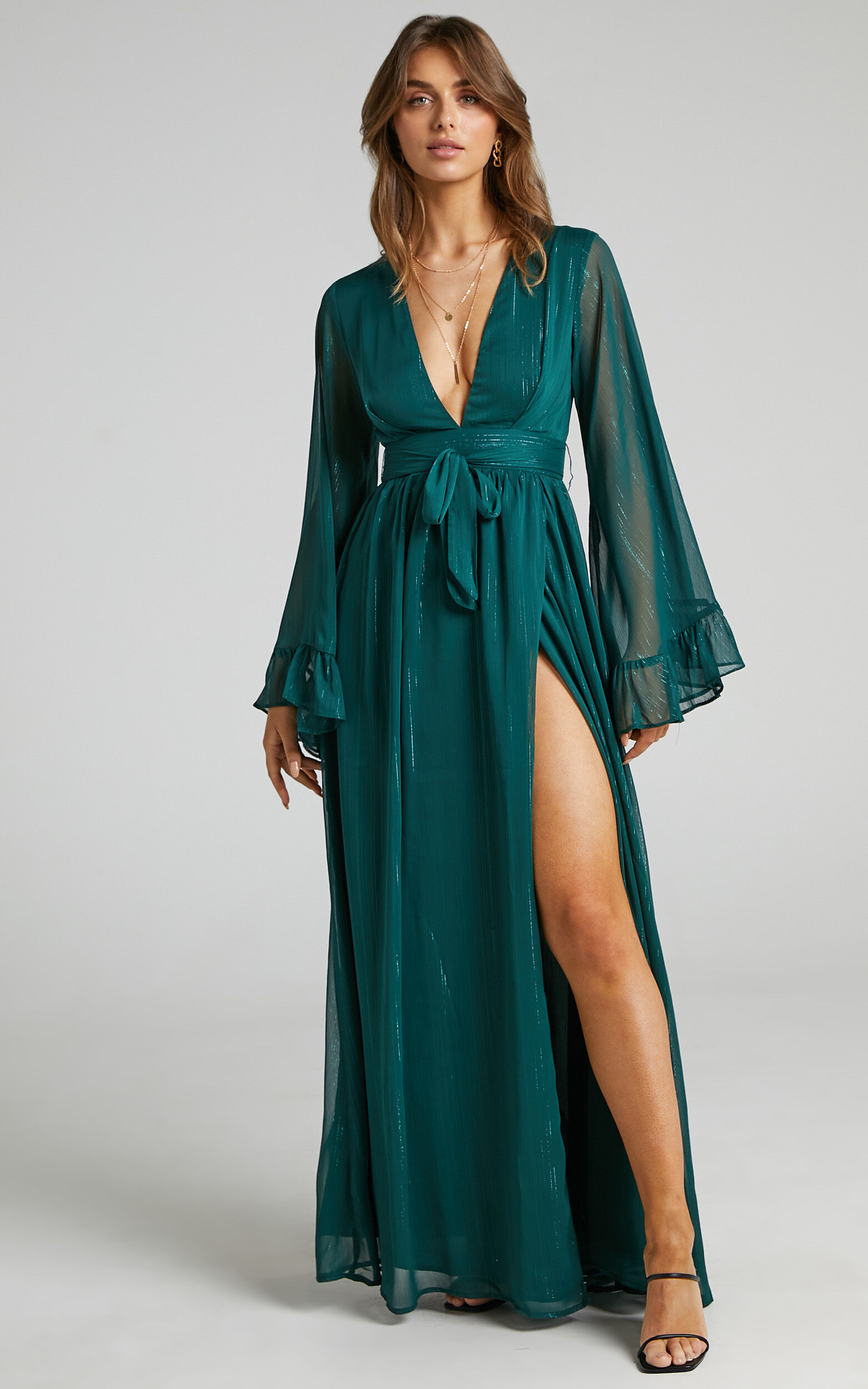 Dangerous Woman Maxi Dress - Plunge Thigh Split Dress in Emerald