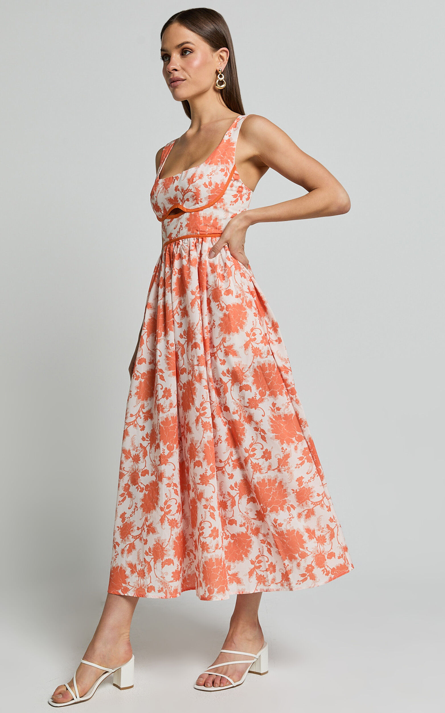 Chira Midi Dress - Front Cut Out Thigh Split Dress in Orange Floral