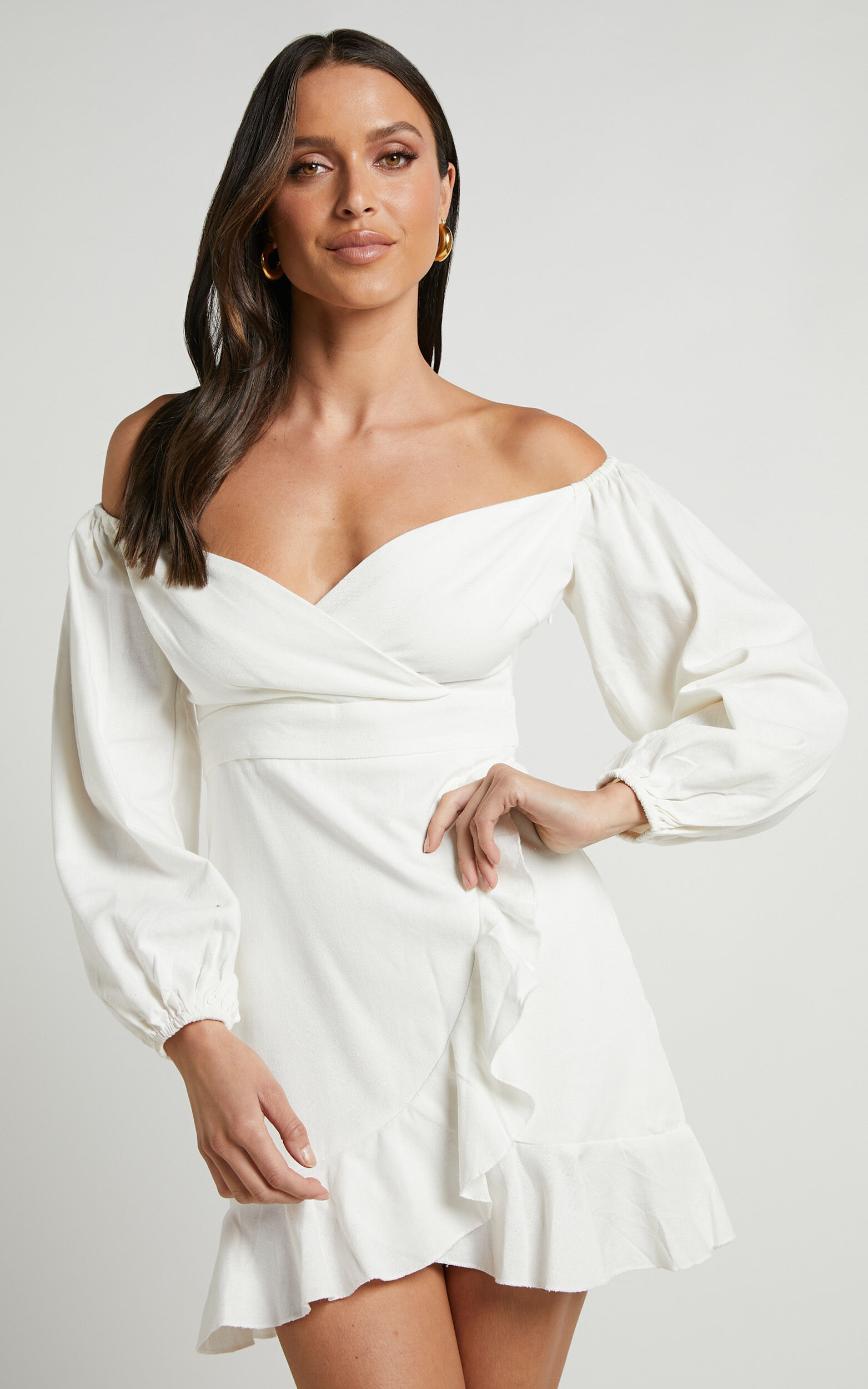 Cant Move On Off Shoulder Mini Linen Dress in White Linen Look