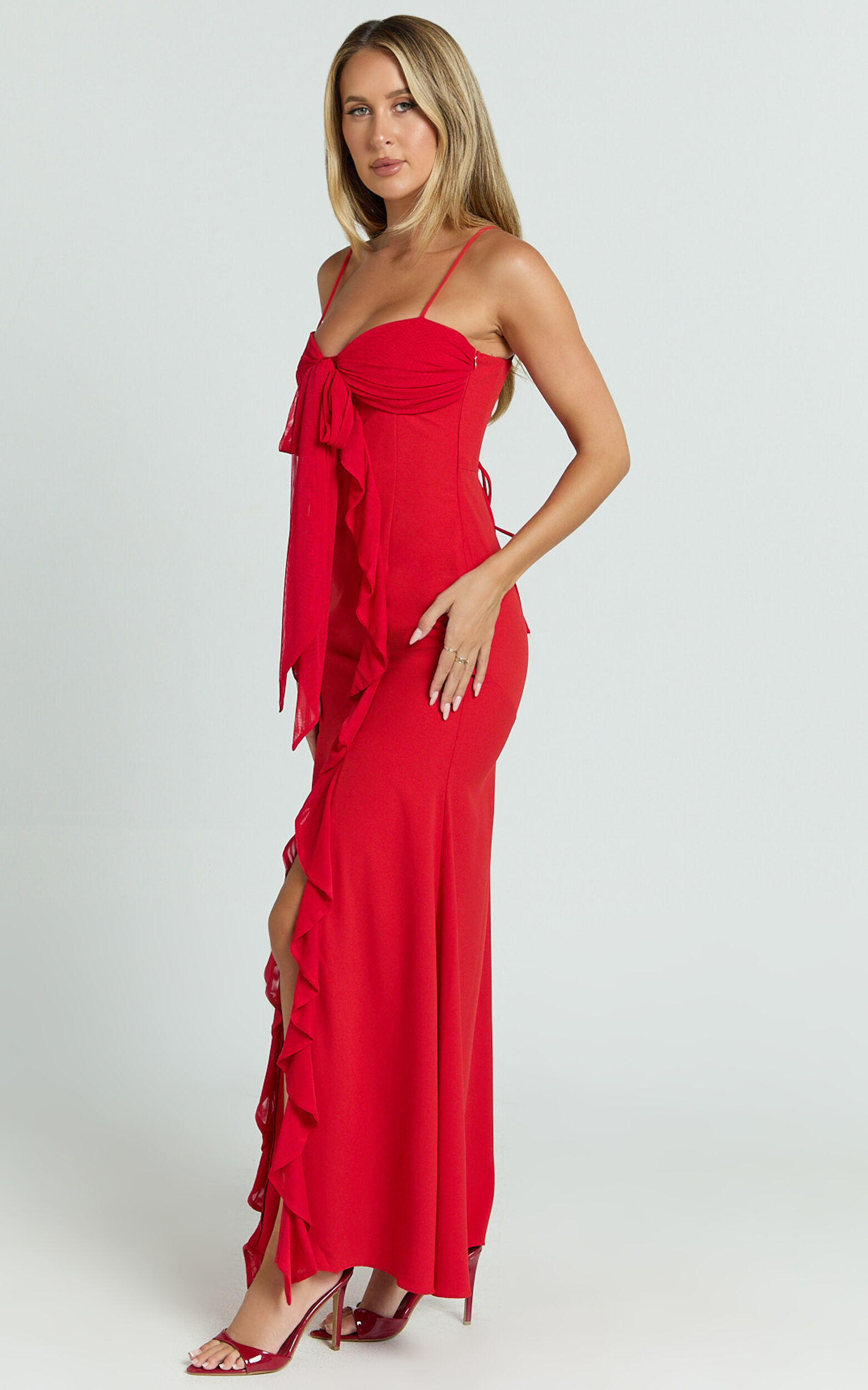 Lacie Maxi Dress - V Neck Bias Cut Ruffle Tie Front Dress in Red