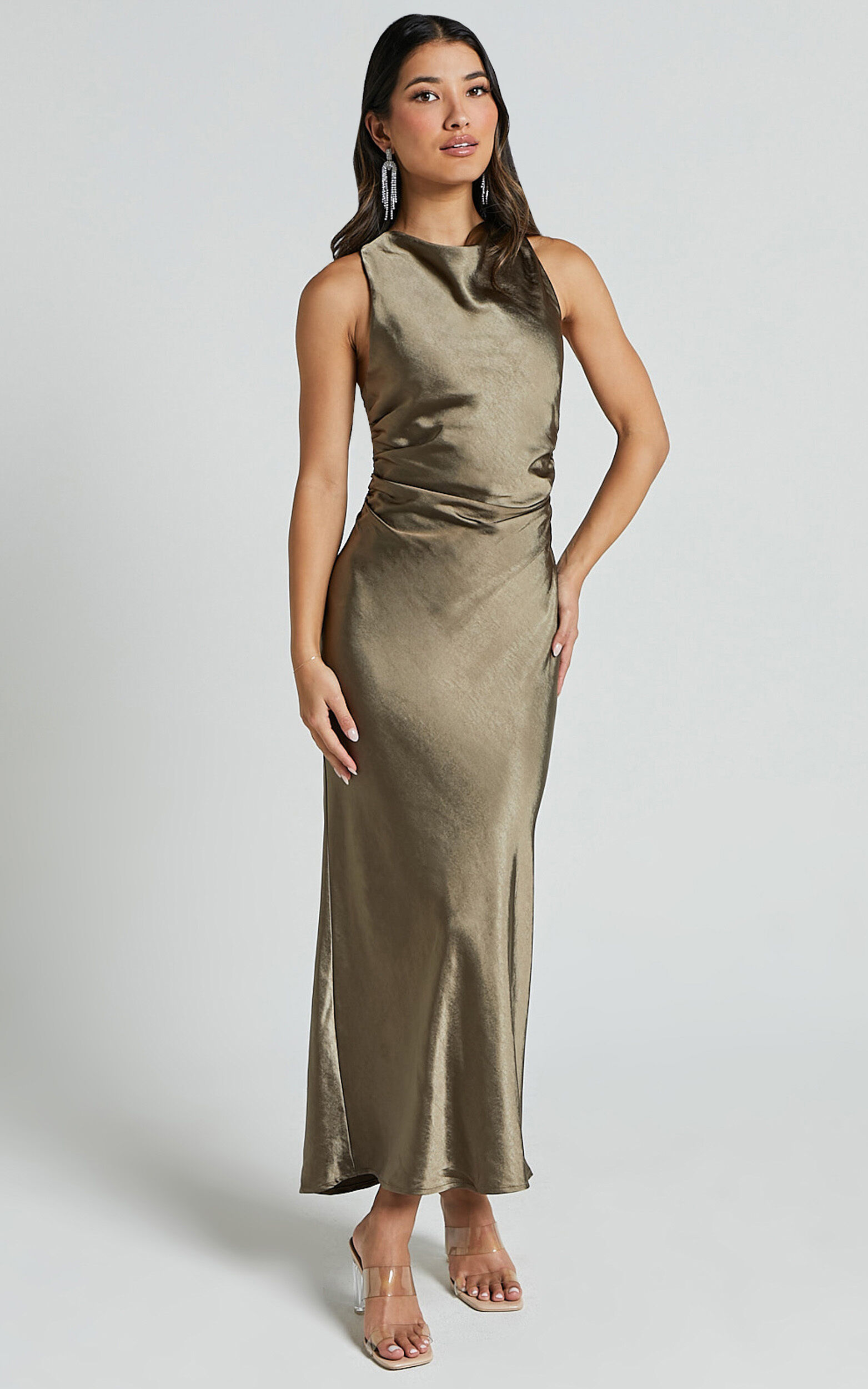 Aluna Midi Dress - High Neck Cross Back Satin Slip Dress in Olive