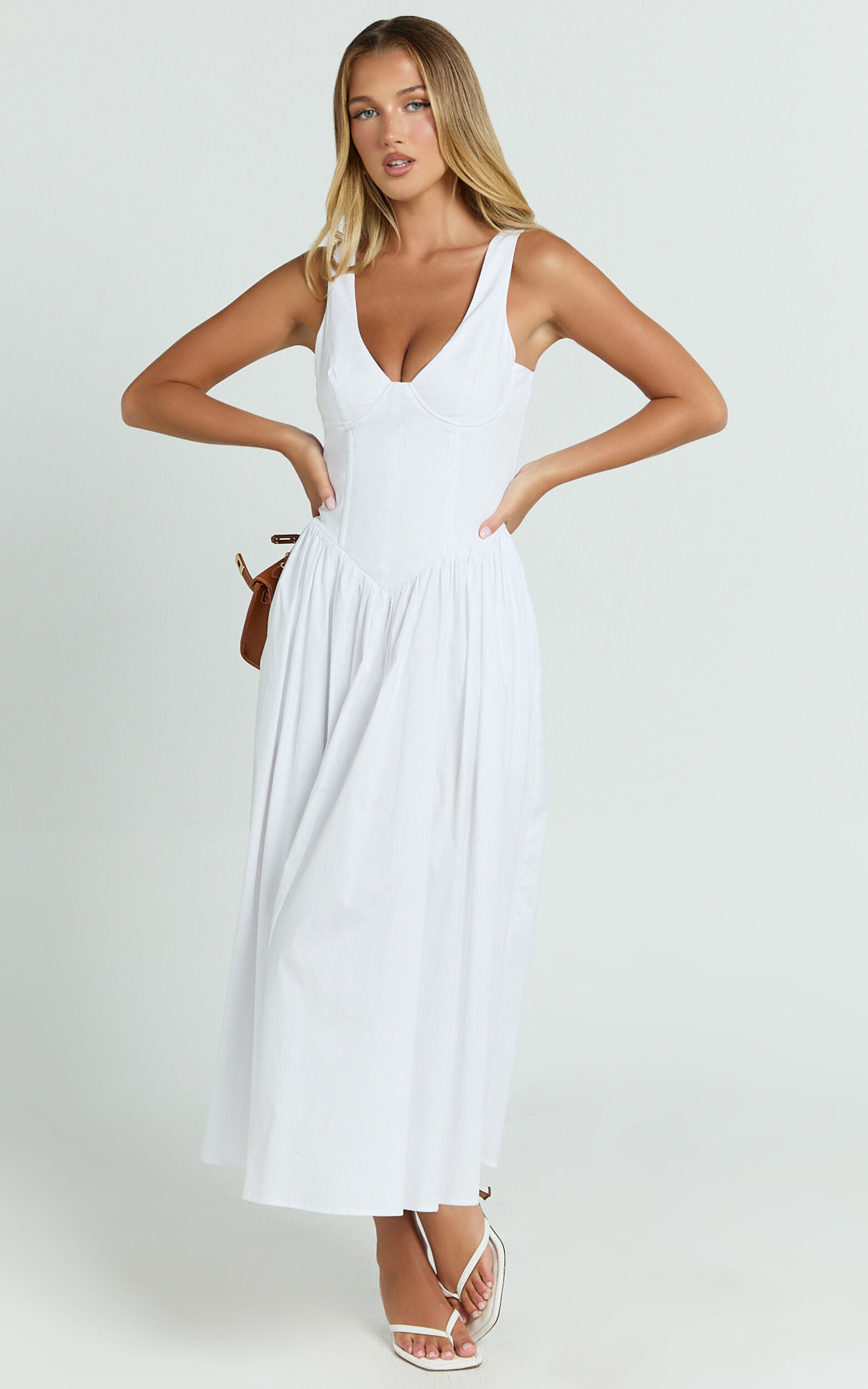 Beckett Midi Dress - Scoop Neck Drop V Waist Gathered Skirt Dress in White