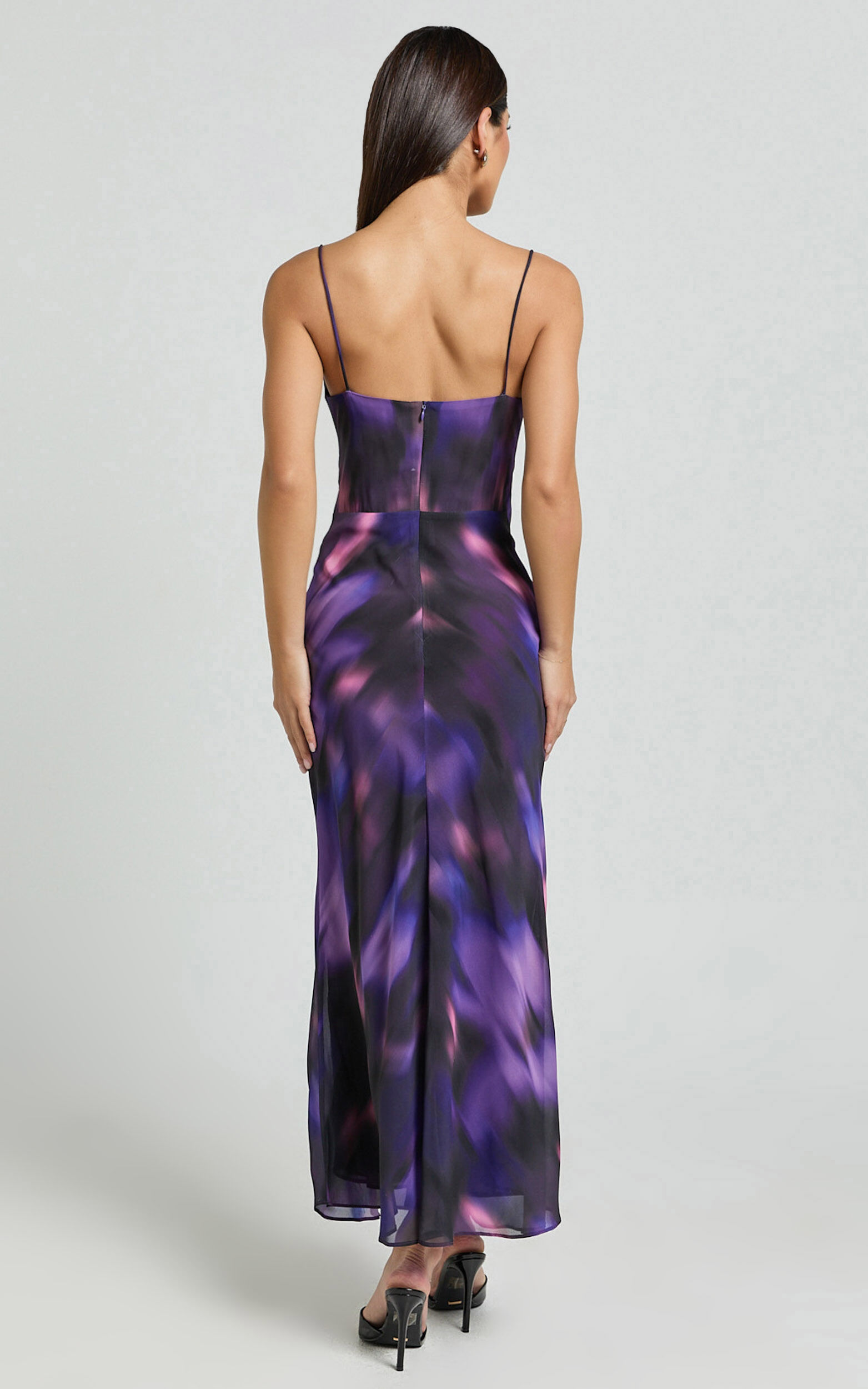 Susie Midi Dress - Recycled Strappy Cowl Slip Dress in Violet Night Print