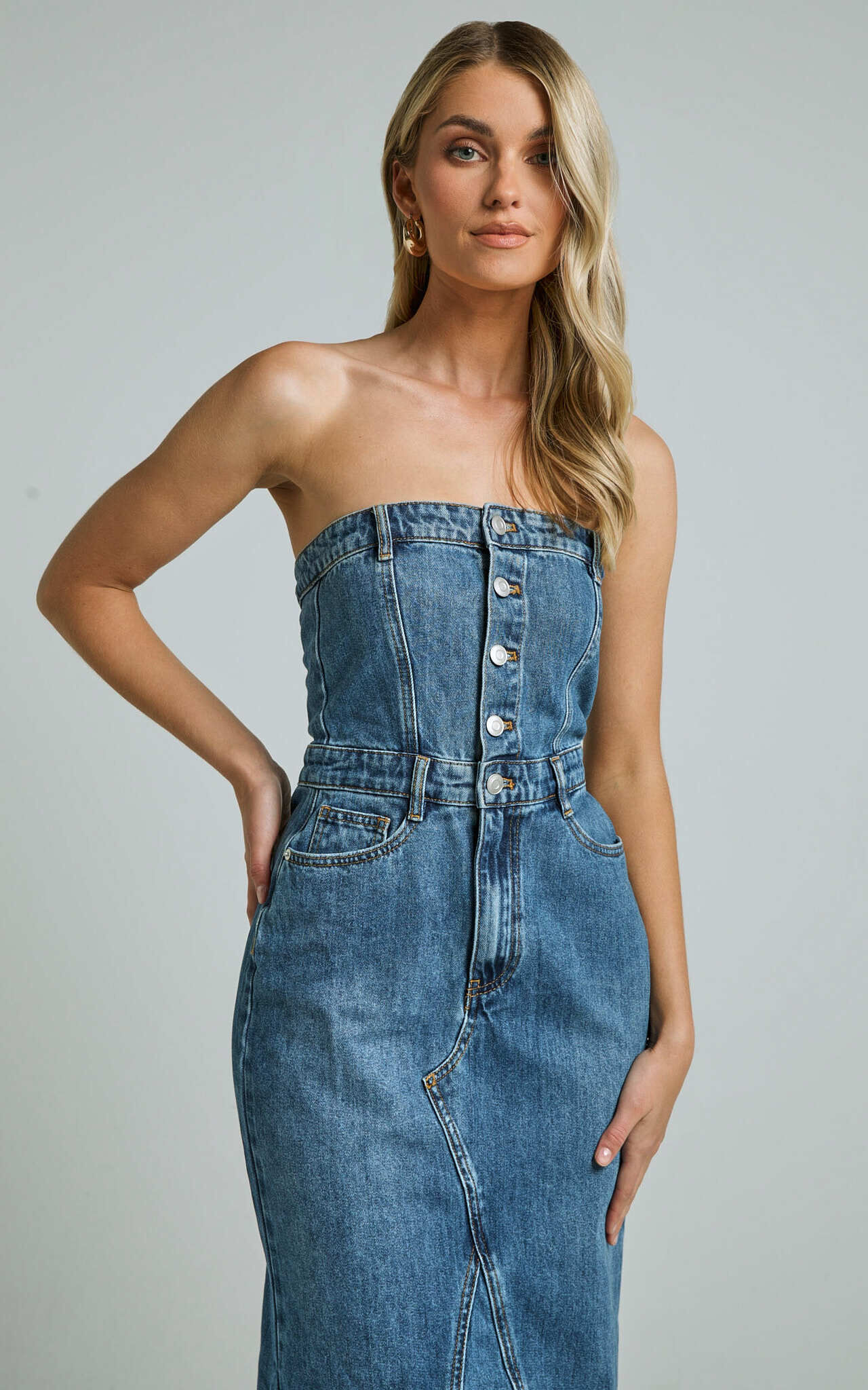 Keyla Midi Dress - Denim Strapless Button Front Shirred Back in Mid Blue Wash