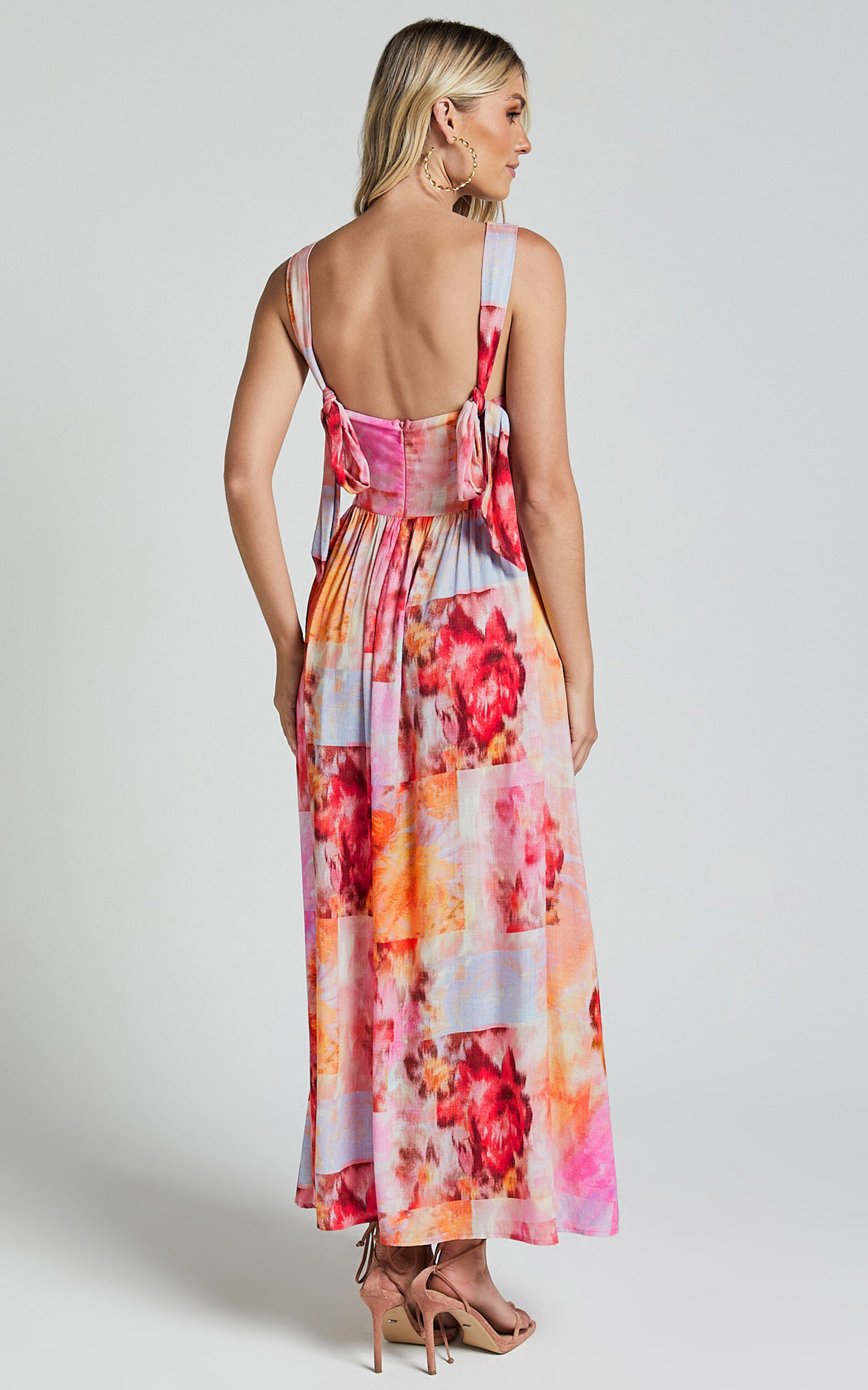 Amalie The Label - Chamika Linen Blend Bustier Double Tie Back Midi Dress in Marsielle Print